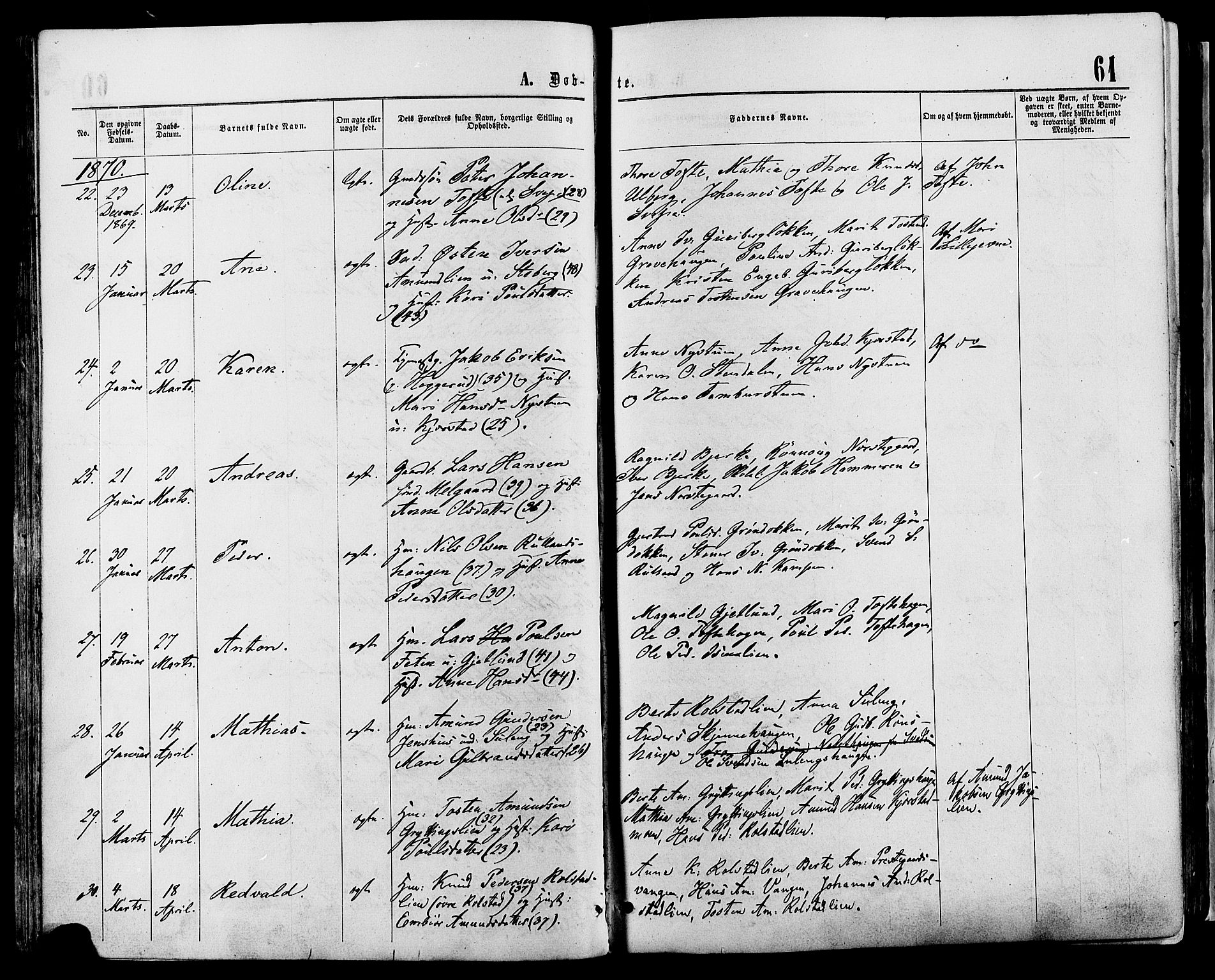 Sør-Fron prestekontor, AV/SAH-PREST-010/H/Ha/Haa/L0002: Parish register (official) no. 2, 1864-1880, p. 61