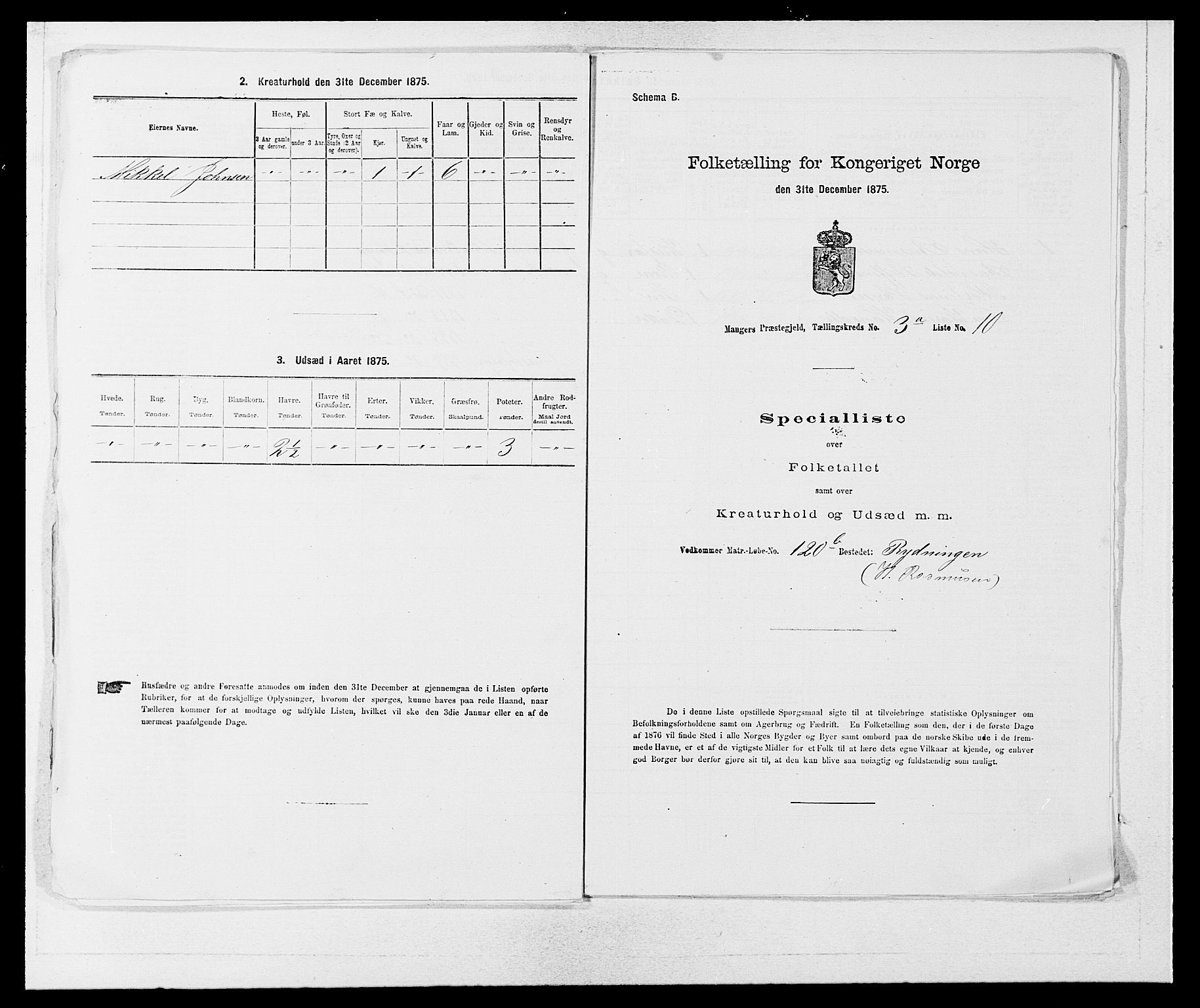 SAB, 1875 census for 1261P Manger, 1875, p. 397