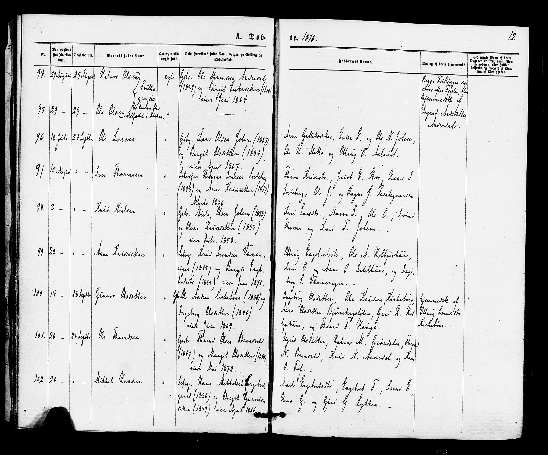 Gol kirkebøker, AV/SAKO-A-226/F/Fa/L0004: Parish register (official) no. I 4, 1876-1886, p. 12