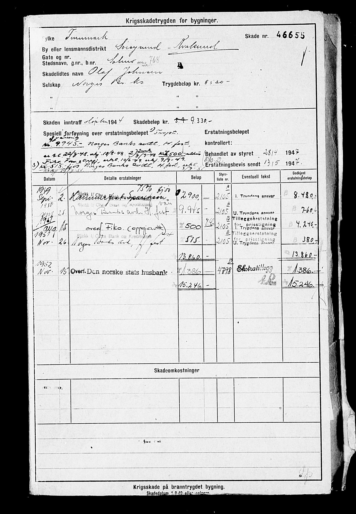 Krigsskadetrygdene for bygninger og løsøre, AV/RA-S-1548/V/L0009: Bygning. Trygdete skader inntruffet etter 1/9-40. Skadenr. 46653-49732. positiv Original, 1940-1945