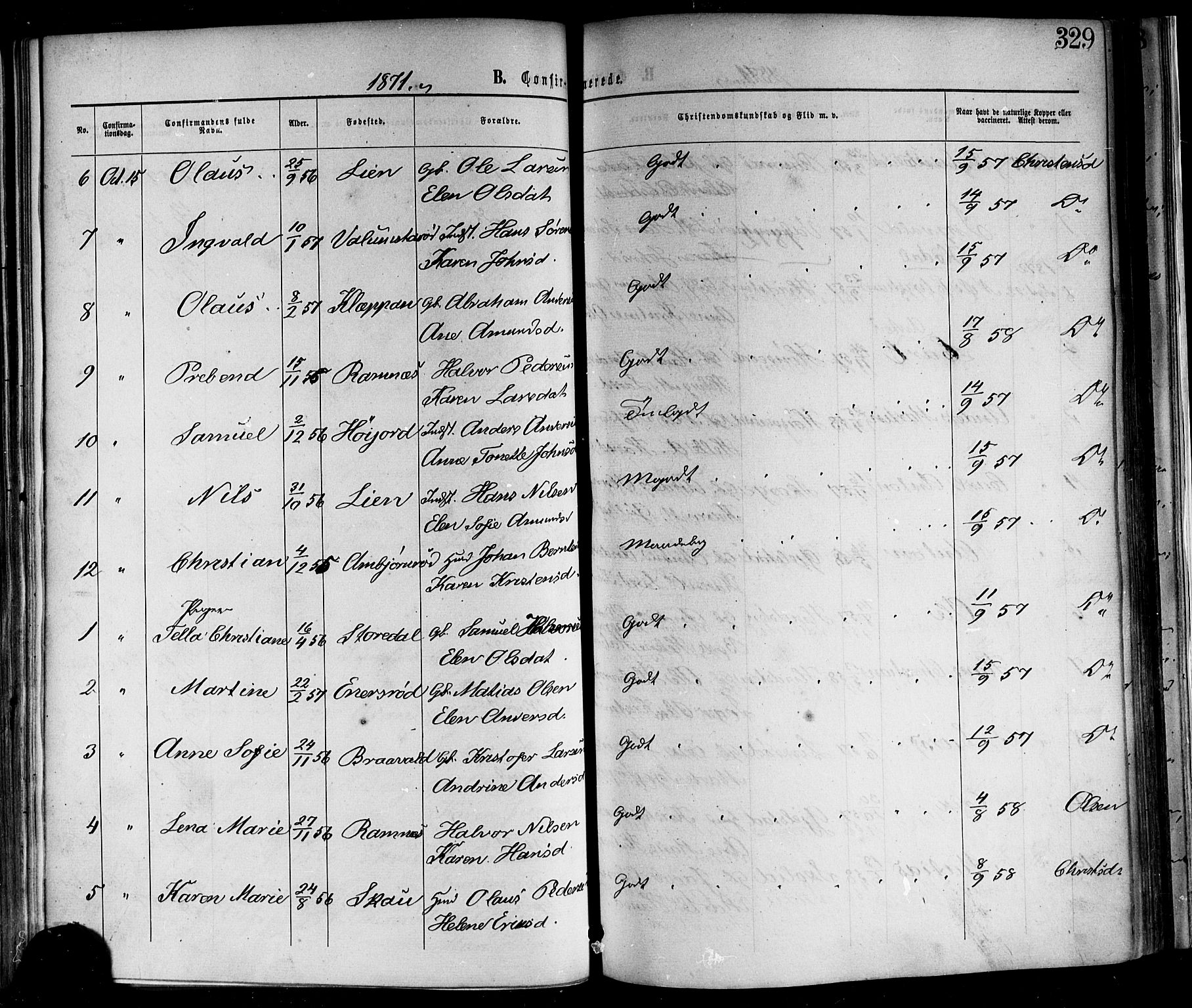 Andebu kirkebøker, AV/SAKO-A-336/F/Fa/L0006: Parish register (official) no. 6, 1871-1878, p. 329