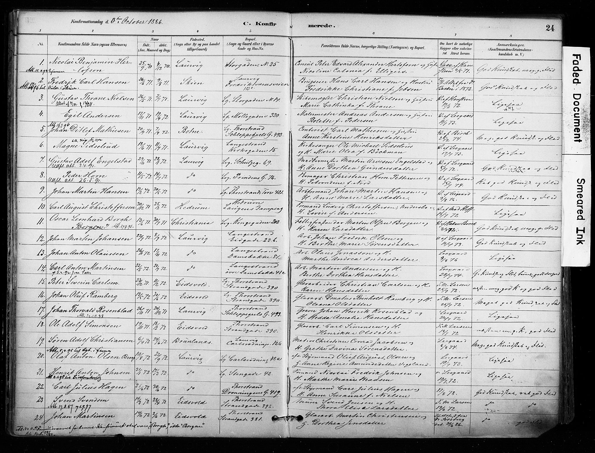 Larvik kirkebøker, AV/SAKO-A-352/F/Fa/L0008: Parish register (official) no. I 8, 1884-1902, p. 24