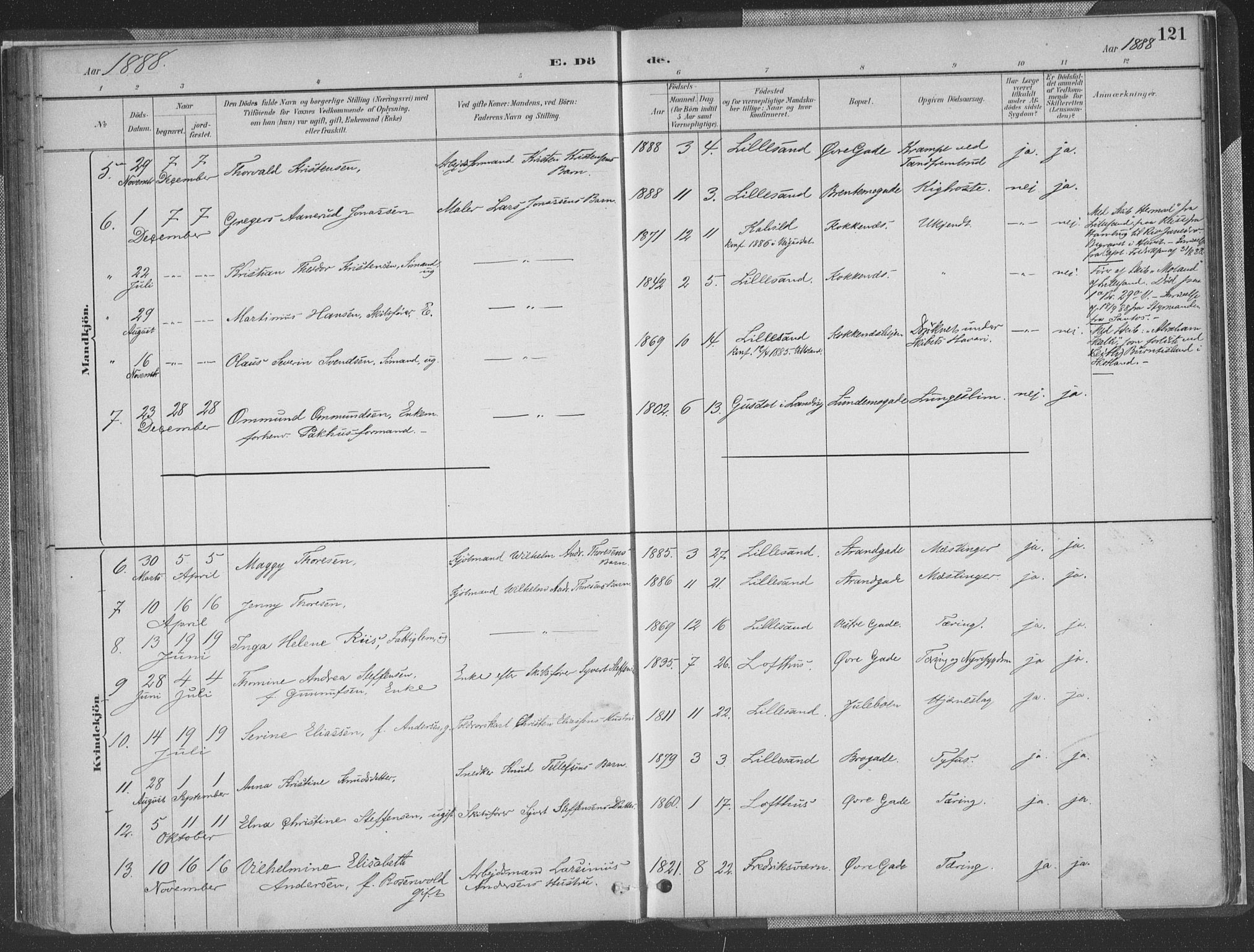 Vestre Moland sokneprestkontor, AV/SAK-1111-0046/F/Fa/Faa/L0001: Parish register (official) no. A 1, 1884-1899, p. 121