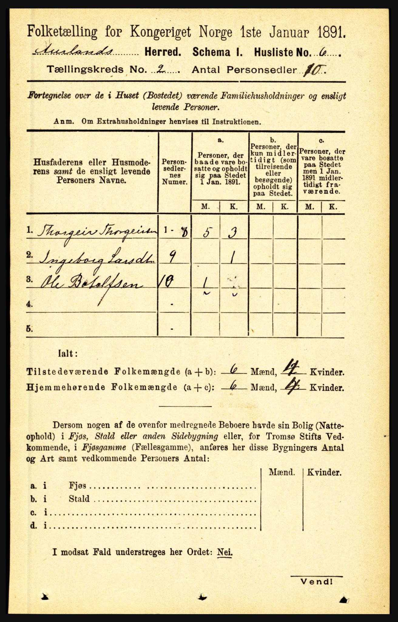 RA, 1891 census for 1421 Aurland, 1891, p. 419