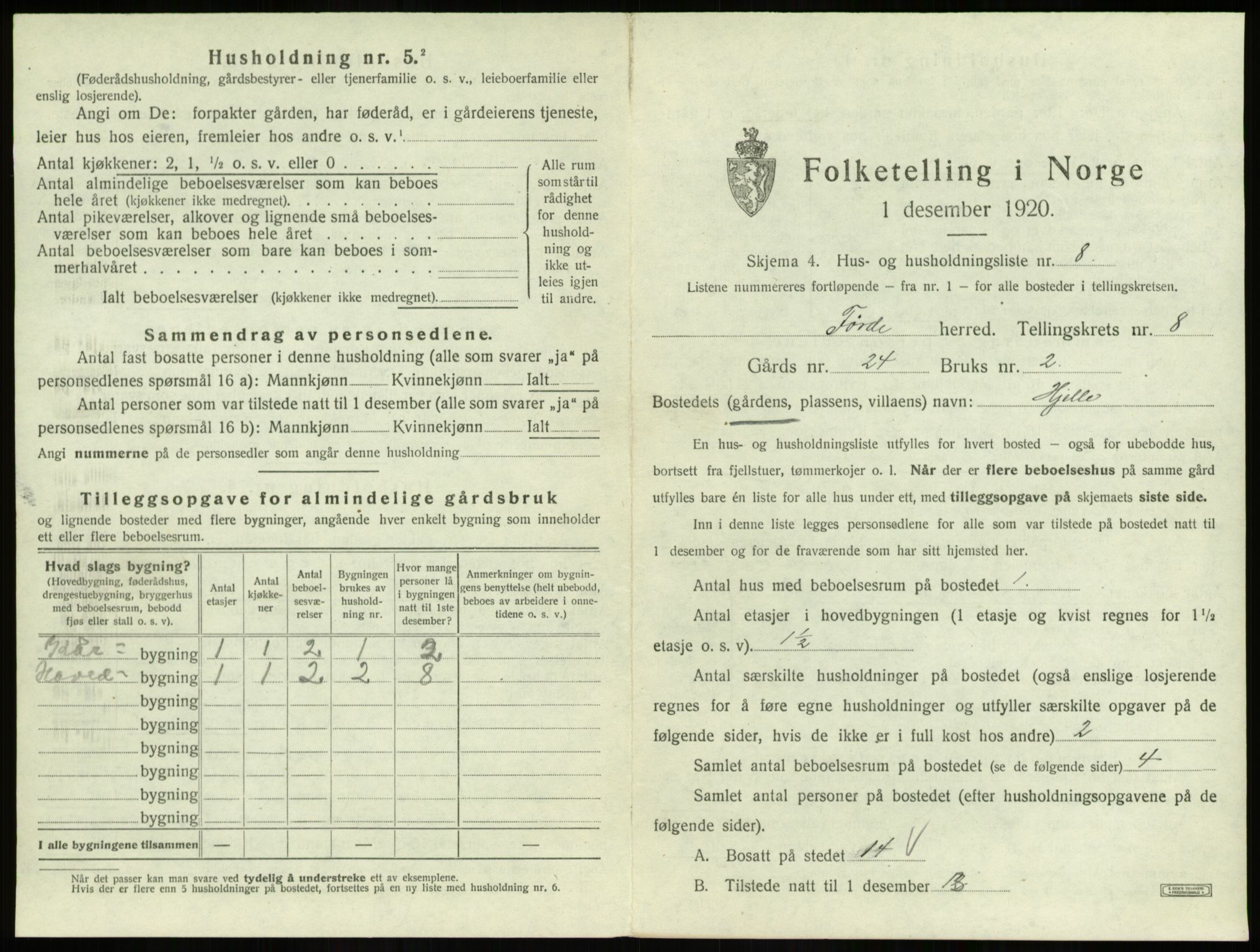 SAB, 1920 census for Førde, 1920, p. 452