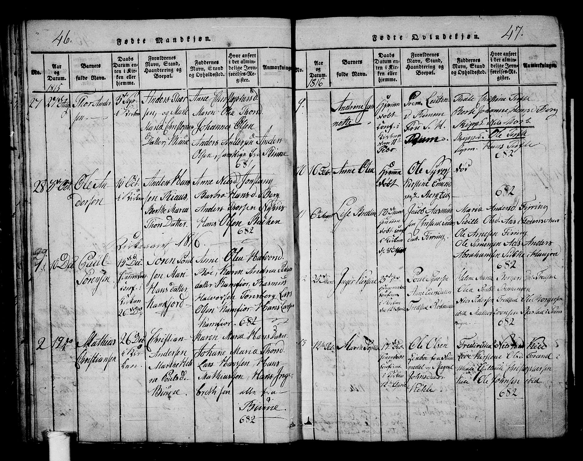 Ramnes kirkebøker, SAKO/A-314/G/Ga/L0001: Parish register (copy) no. I 1, 1813-1847, p. 46-47
