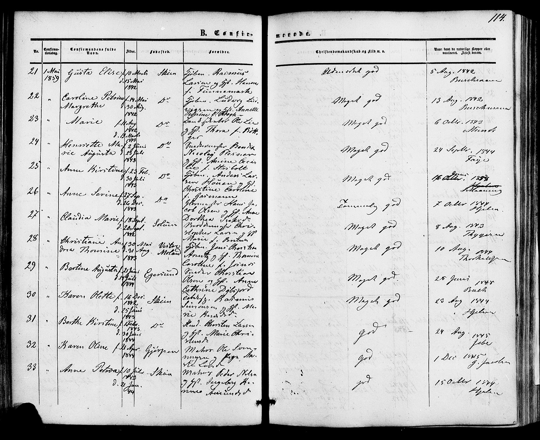 Skien kirkebøker, AV/SAKO-A-302/F/Fa/L0007: Parish register (official) no. 7, 1856-1865, p. 114