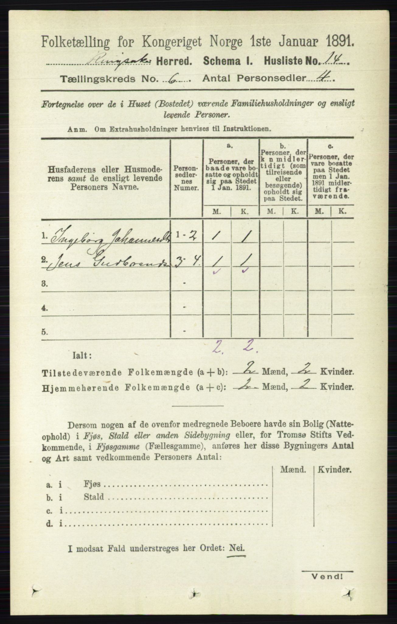 RA, 1891 census for 0412 Ringsaker, 1891, p. 3099