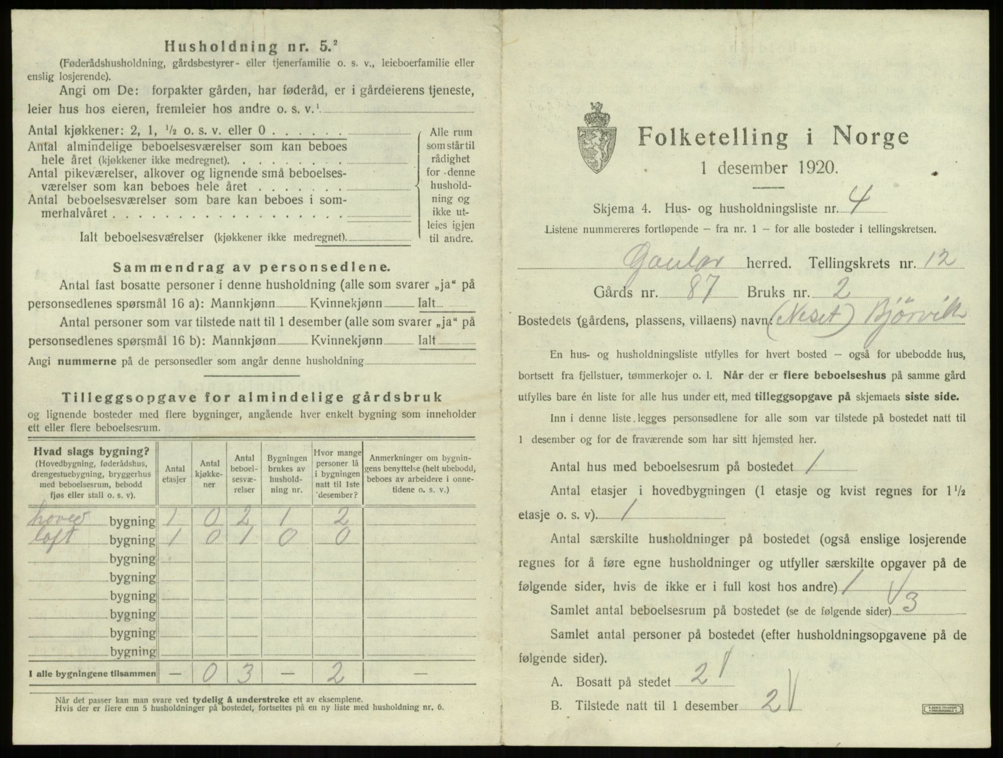 SAB, 1920 census for Gaular, 1920, p. 899