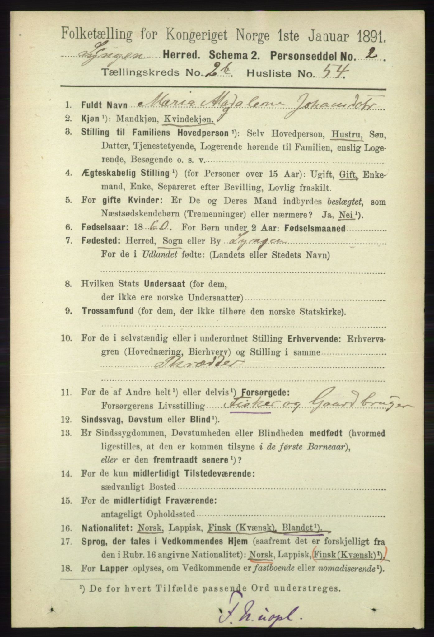 RA, 1891 census for 1938 Lyngen, 1891, p. 2837