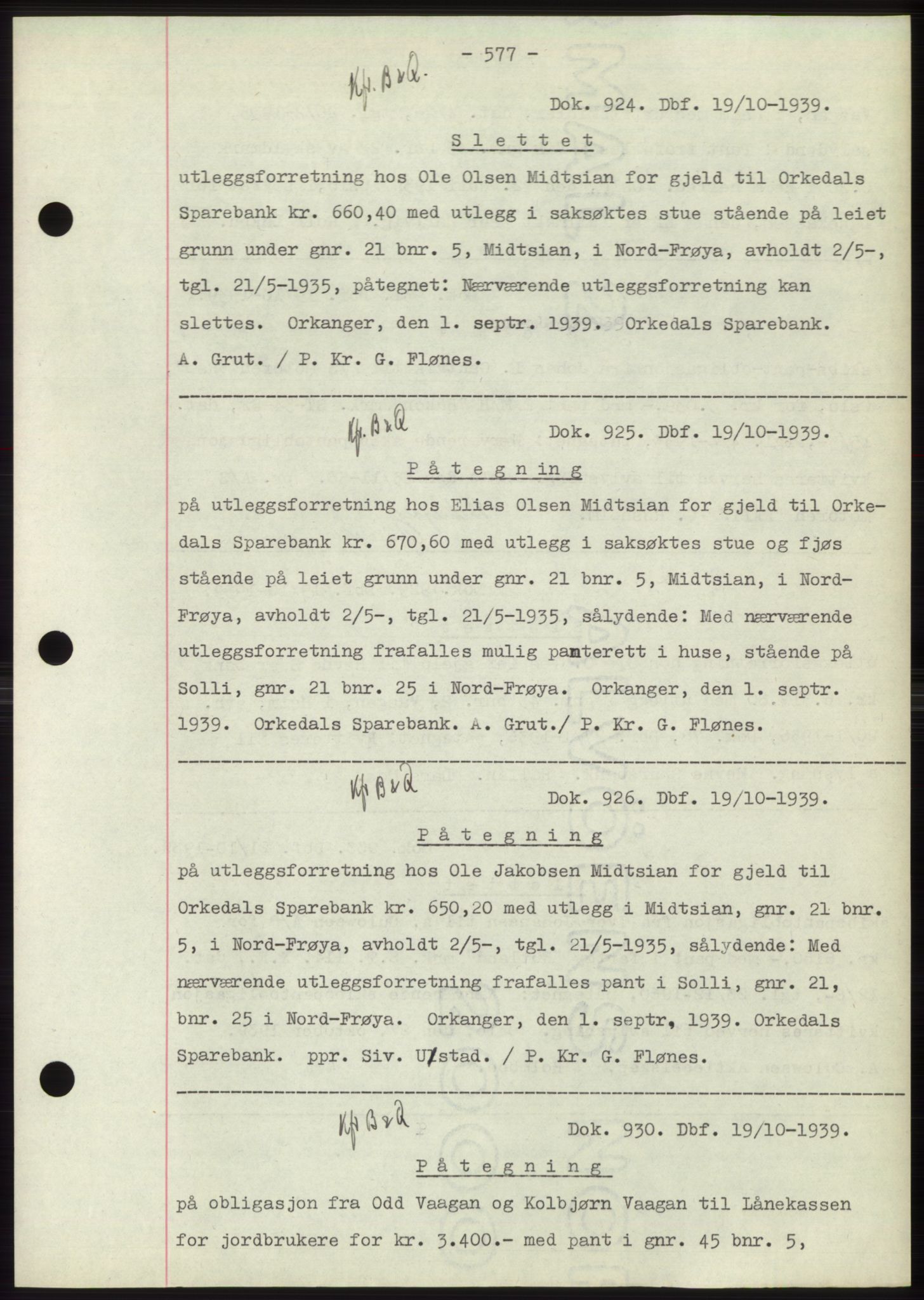 Hitra sorenskriveri, AV/SAT-A-0018/2/2C/2Ca: Mortgage book no. C1, 1936-1945, Diary no: : 924/1939