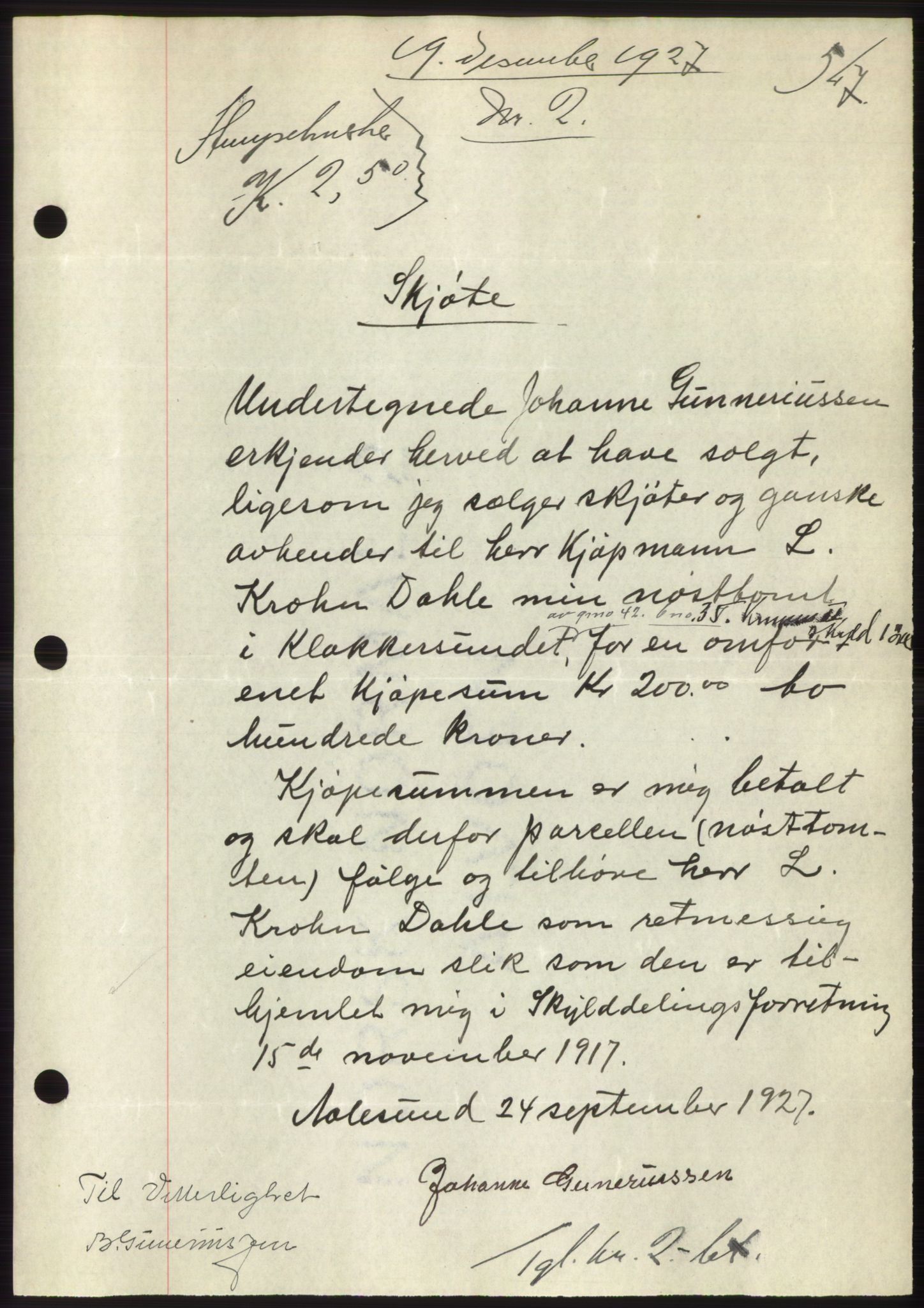 Nordre Sunnmøre sorenskriveri, AV/SAT-A-0006/1/2/2C/2Ca/L0037: Mortgage book no. 40, 1927-1927, Deed date: 19.12.1927