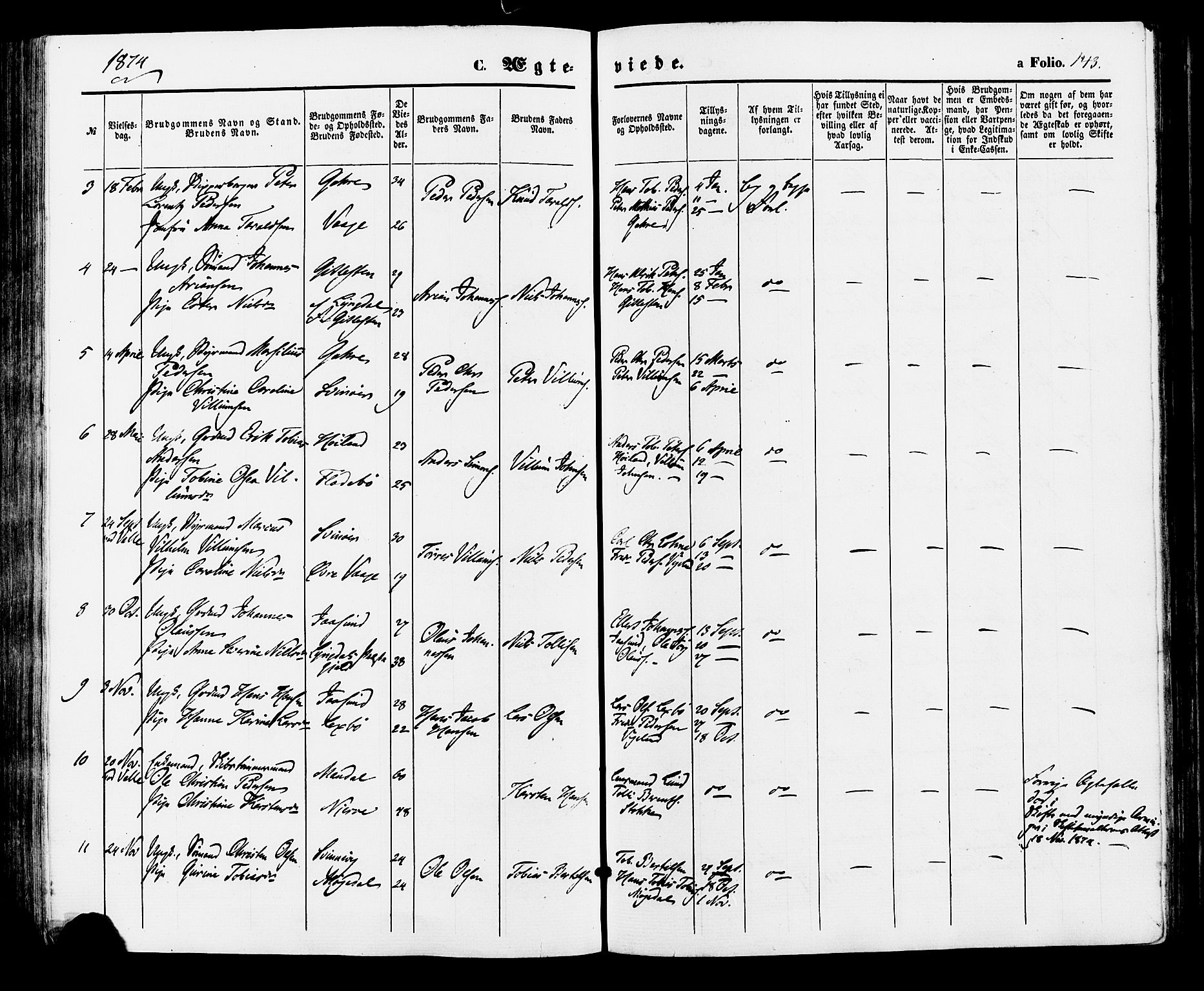 Sør-Audnedal sokneprestkontor, AV/SAK-1111-0039/F/Fa/Faa/L0003: Parish register (official) no. A 3, 1868-1883, p. 143