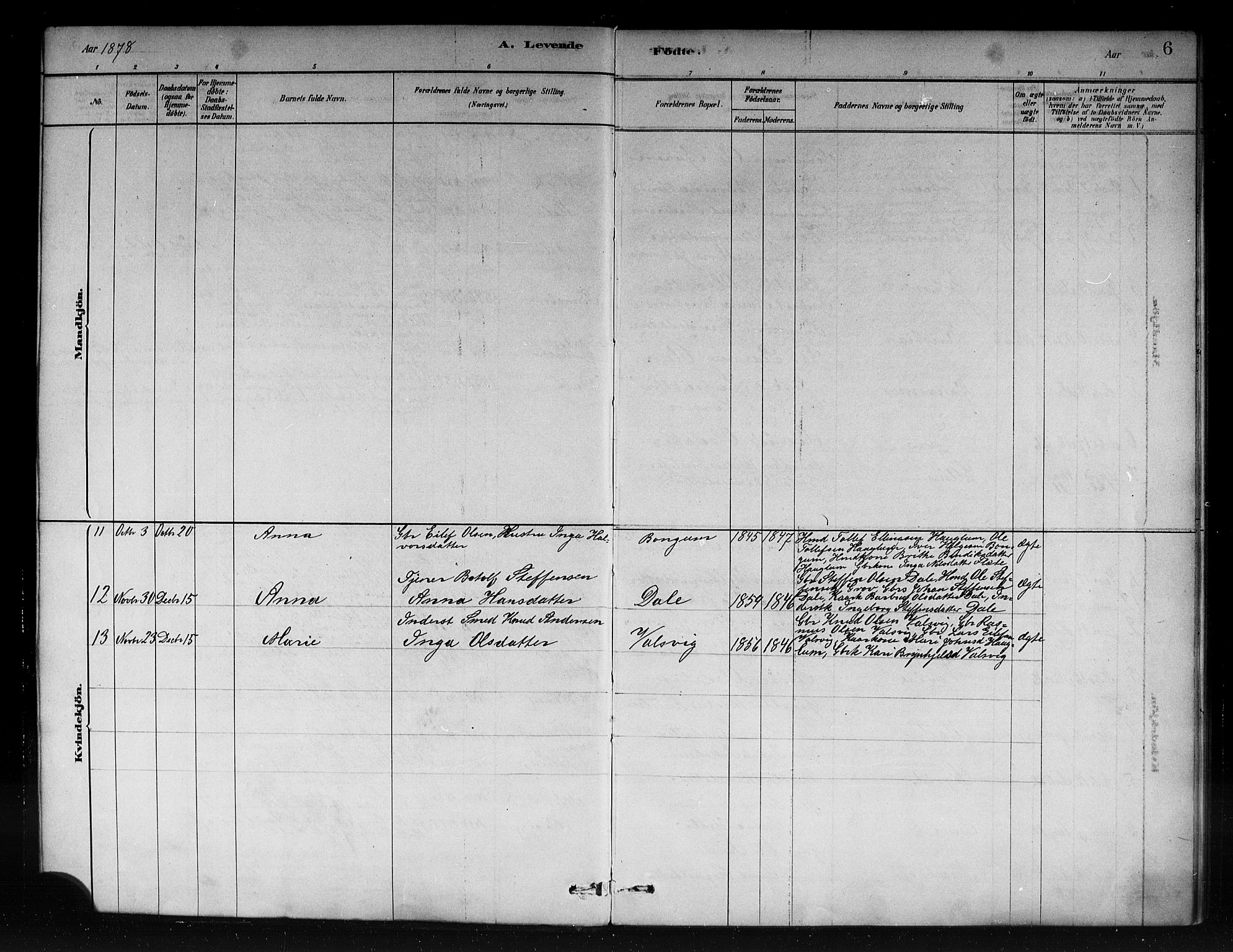 Vik sokneprestembete, AV/SAB-A-81501/H/Haa/Haac/L0001: Parish register (official) no. C 1, 1878-1890, p. 6