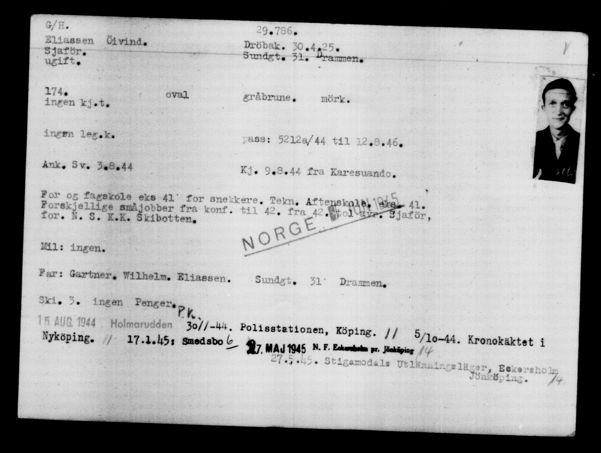 Utenriksstasjonene, Legasjonen i Stockholm, Flyktningkontoret, AV/RA-S-6753/V/Va/L0012: Kjesäterkartoteket, flyktninger med registreringsnr. 28300-31566, 1940-1945, p. 1635