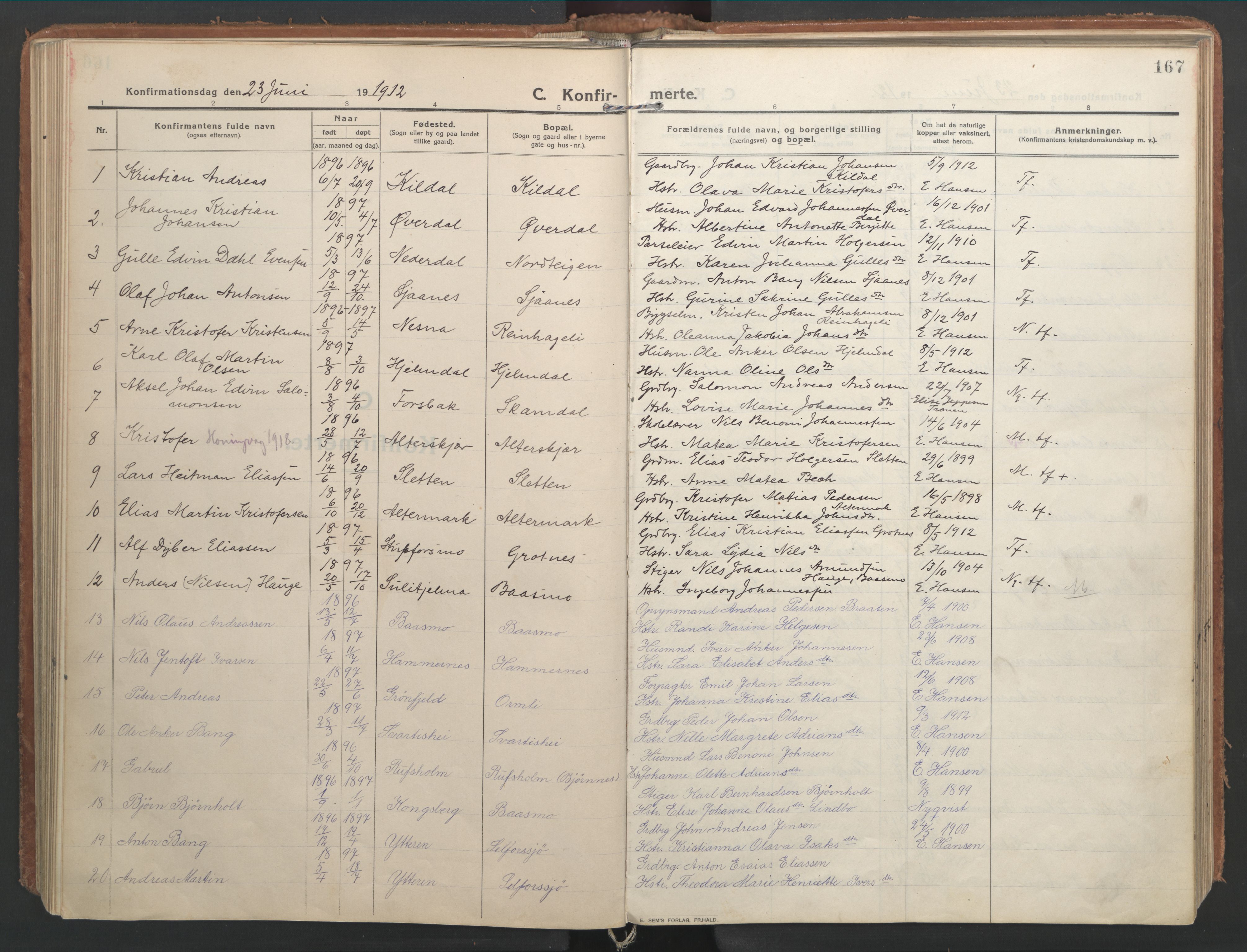 Ministerialprotokoller, klokkerbøker og fødselsregistre - Nordland, SAT/A-1459/827/L0404: Parish register (official) no. 827A16, 1912-1925, p. 167