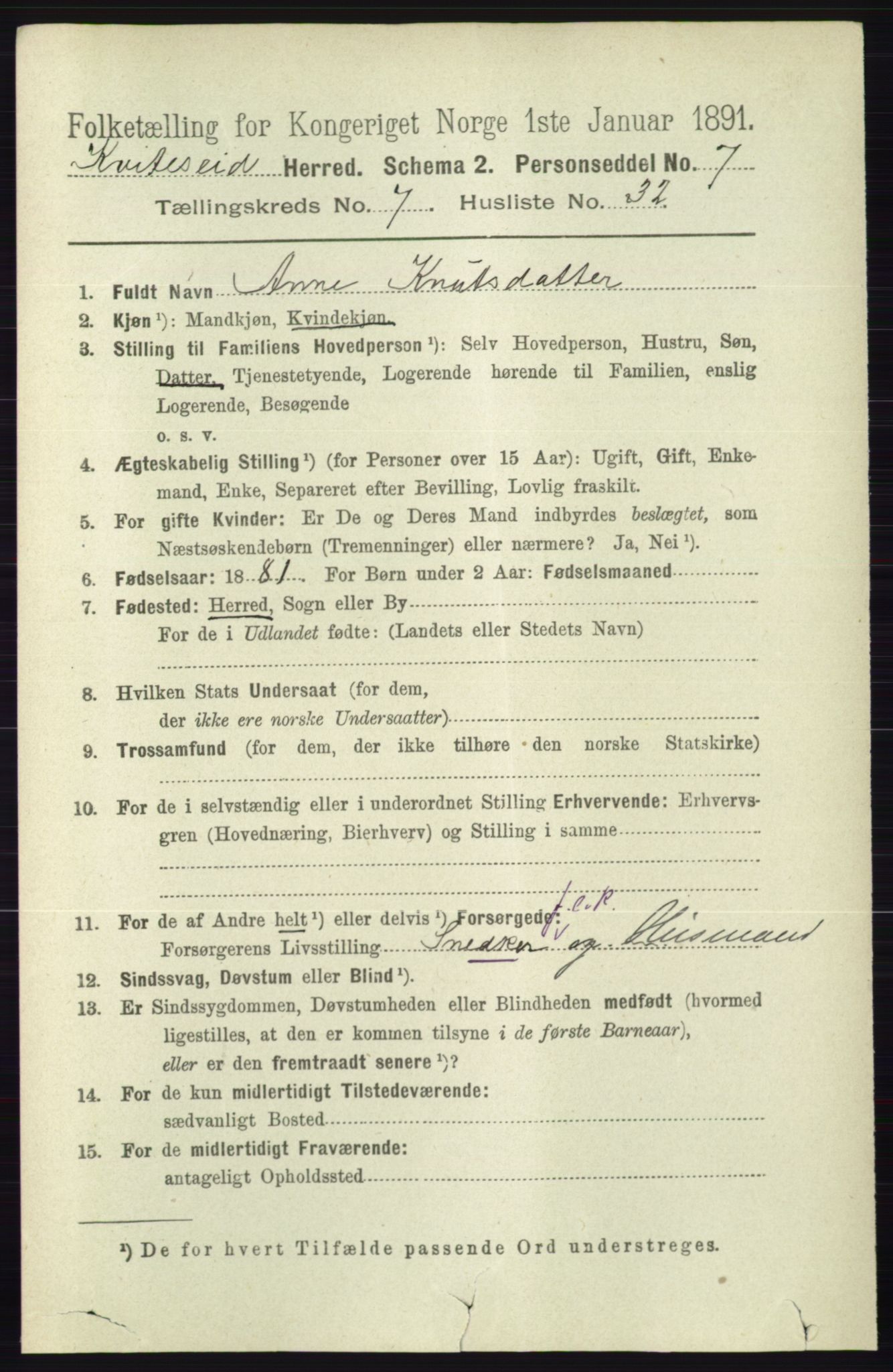 RA, 1891 census for 0829 Kviteseid, 1891, p. 1544