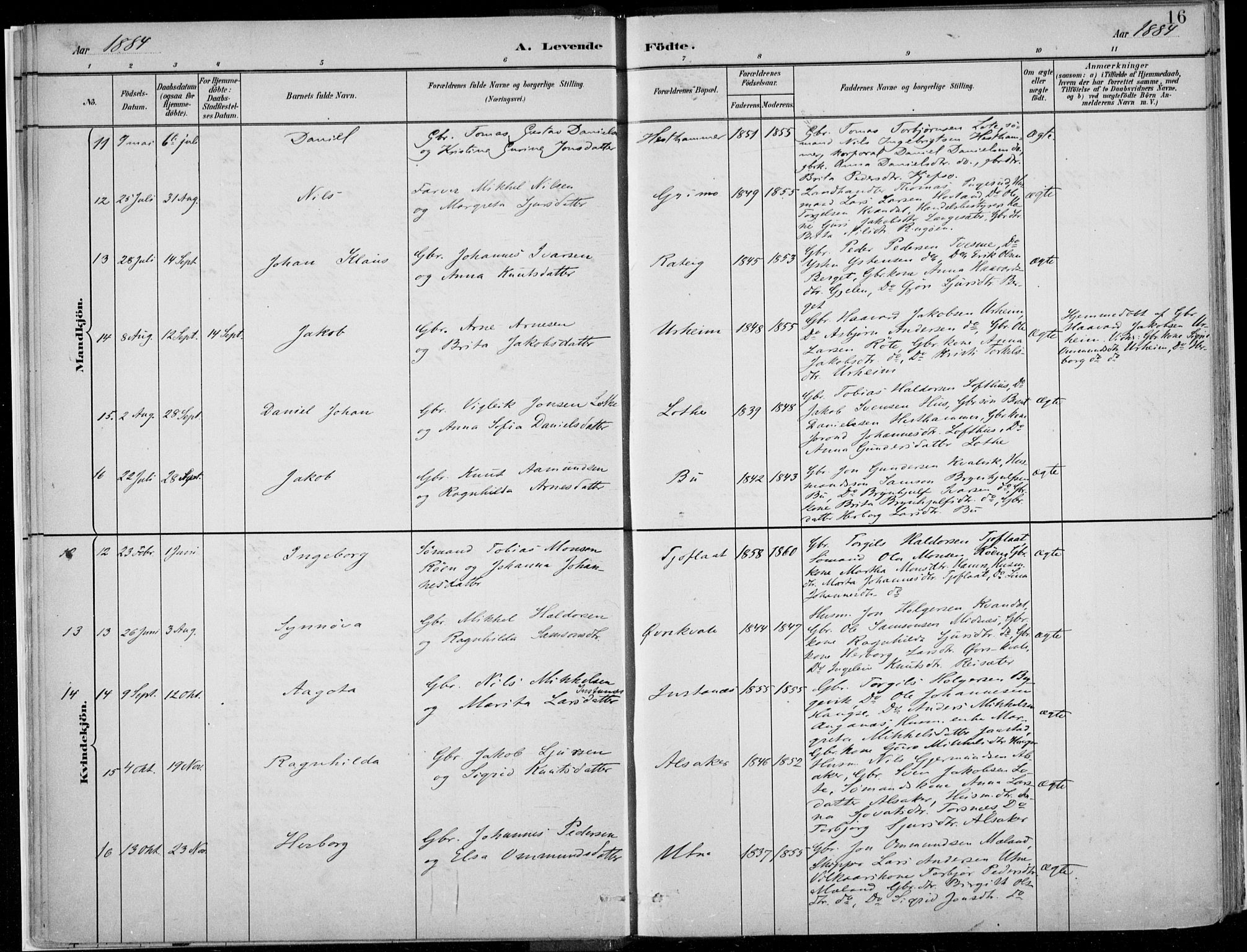 Ullensvang sokneprestembete, SAB/A-78701/H/Haa: Parish register (official) no. E  1, 1882-1921, p. 16