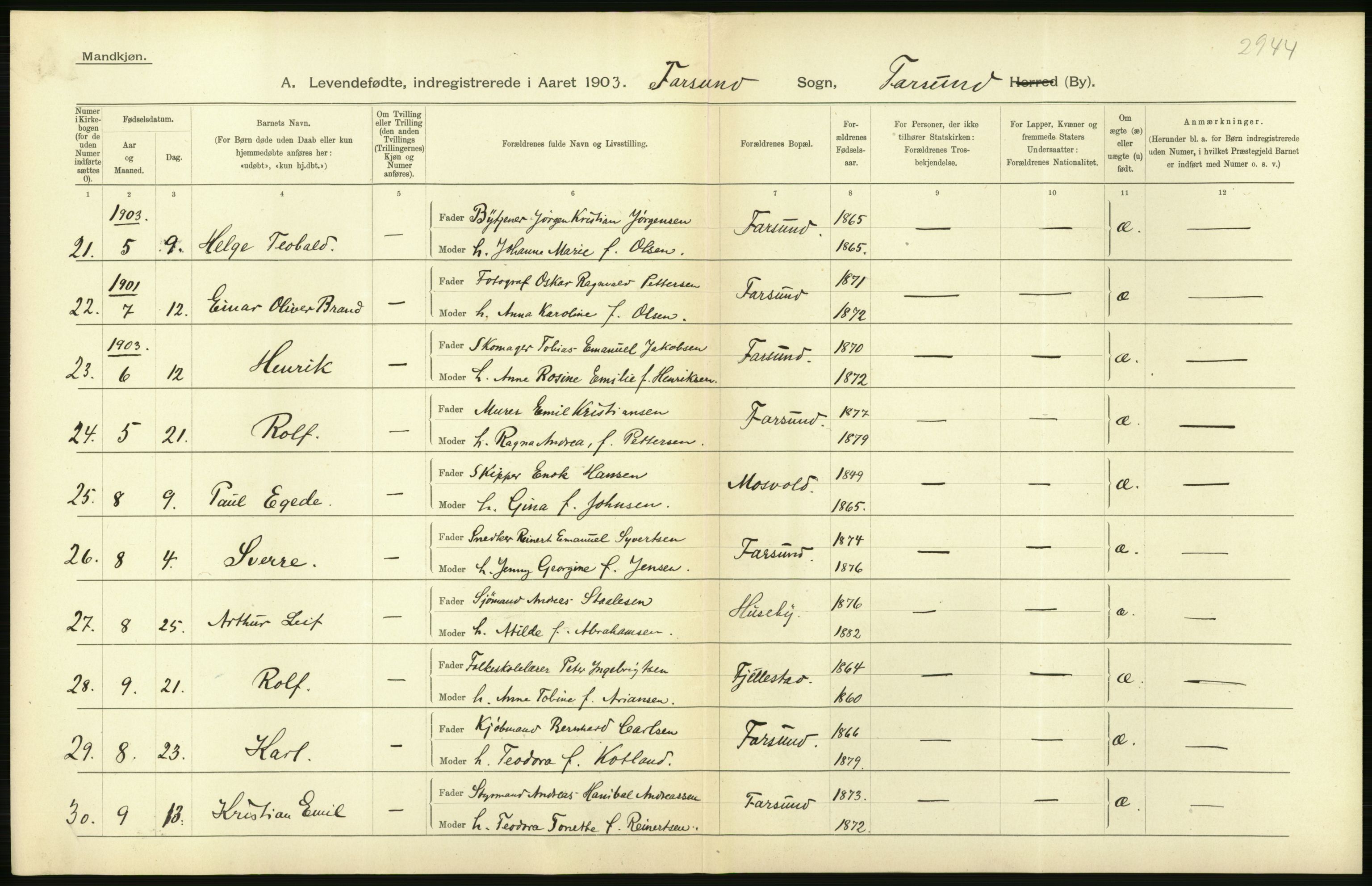 Statistisk sentralbyrå, Sosiodemografiske emner, Befolkning, AV/RA-S-2228/D/Df/Dfa/Dfaa/L0011: Lister og Mandal amt: Fødte, gifte, døde, 1903, p. 216