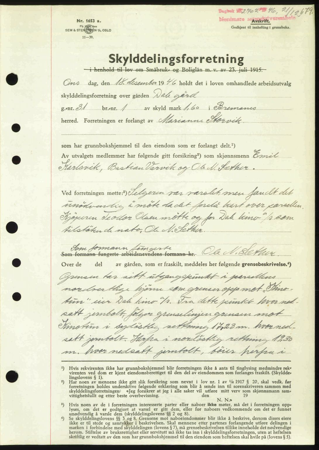 Nordmøre sorenskriveri, AV/SAT-A-4132/1/2/2Ca: Mortgage book no. A103, 1946-1947, Diary no: : 2702/1946