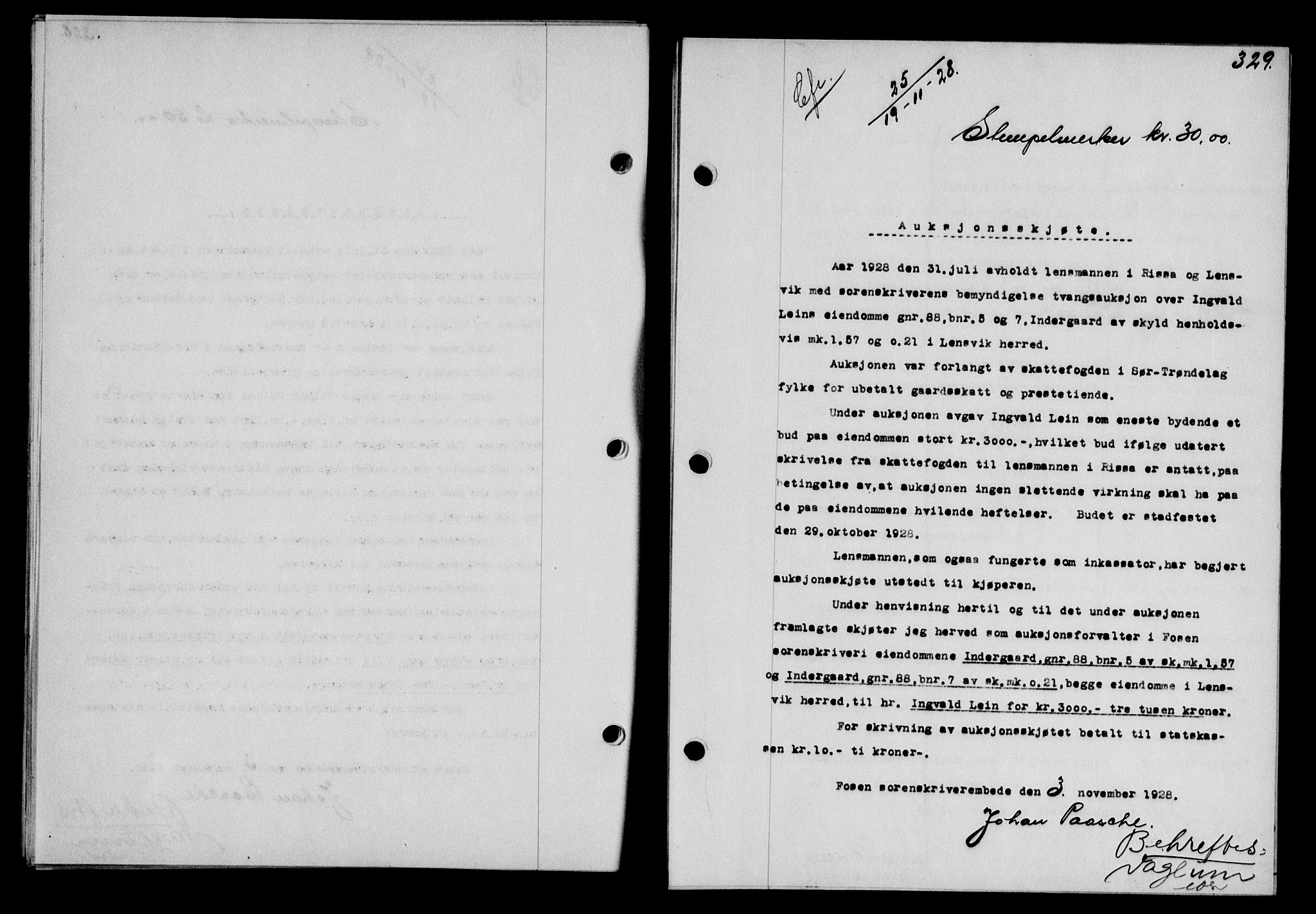 Fosen sorenskriveri, AV/SAT-A-1107/1/2/2C/L0067: Mortgage book no. 58, 1928-1929, p. 329, Deed date: 19.11.1928