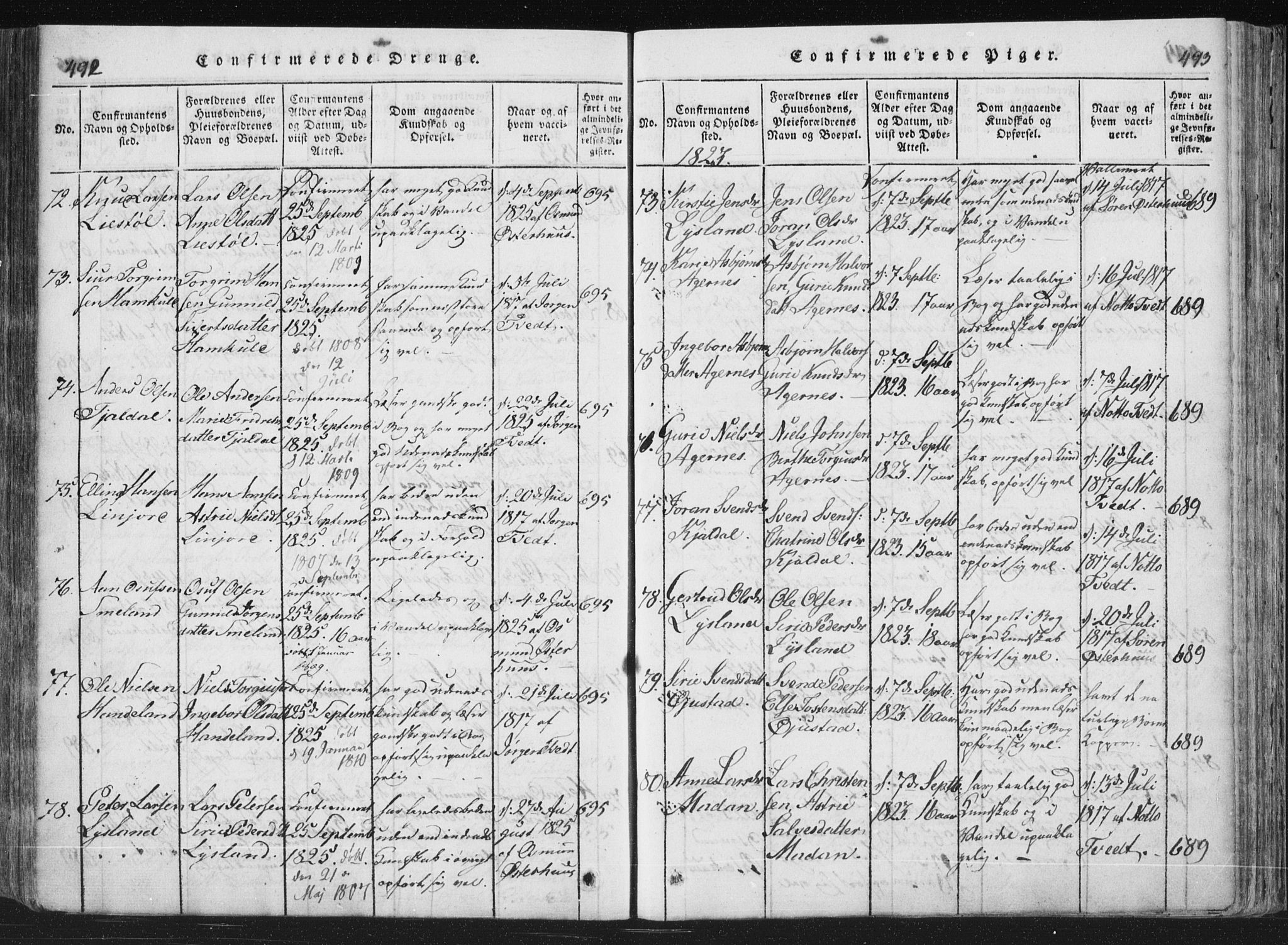Åseral sokneprestkontor, SAK/1111-0051/F/Fa/L0001: Parish register (official) no. A 1, 1815-1853, p. 492-493