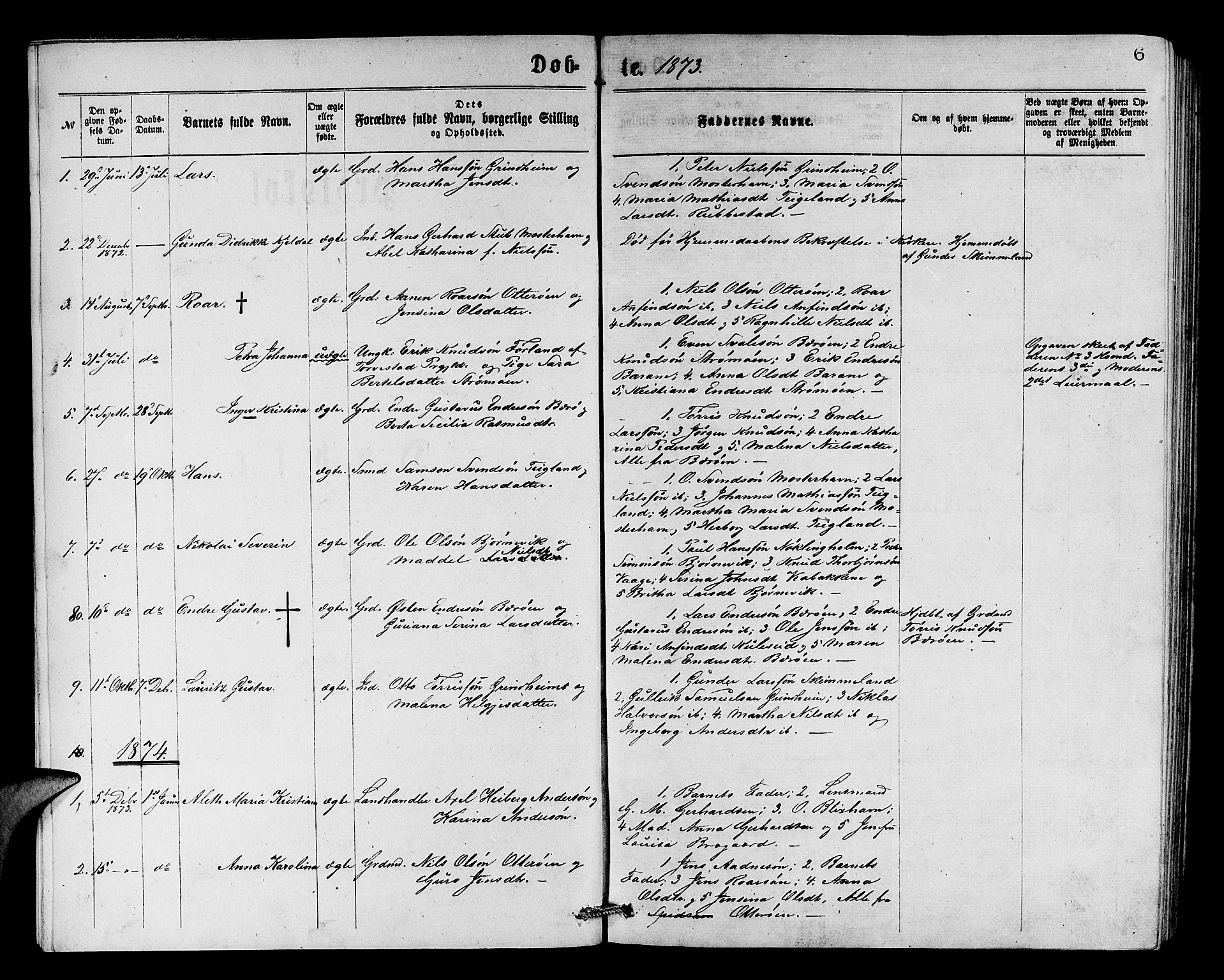 Finnås sokneprestembete, SAB/A-99925/H/Ha/Hab/Haba/L0002: Parish register (copy) no. A 2, 1873-1882, p. 6