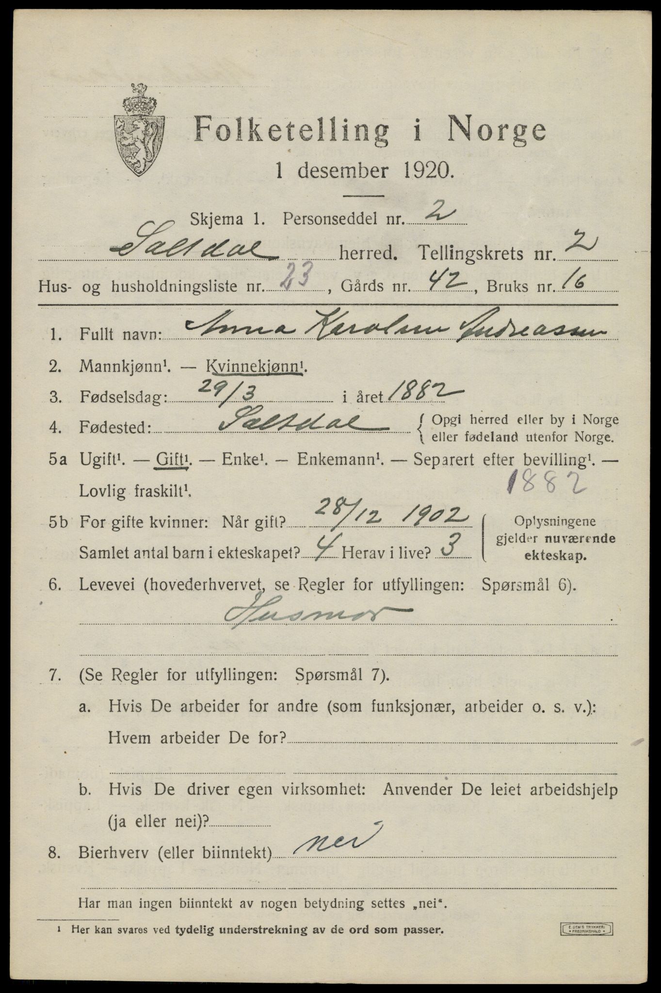 SAT, 1920 census for Saltdal, 1920, p. 3163