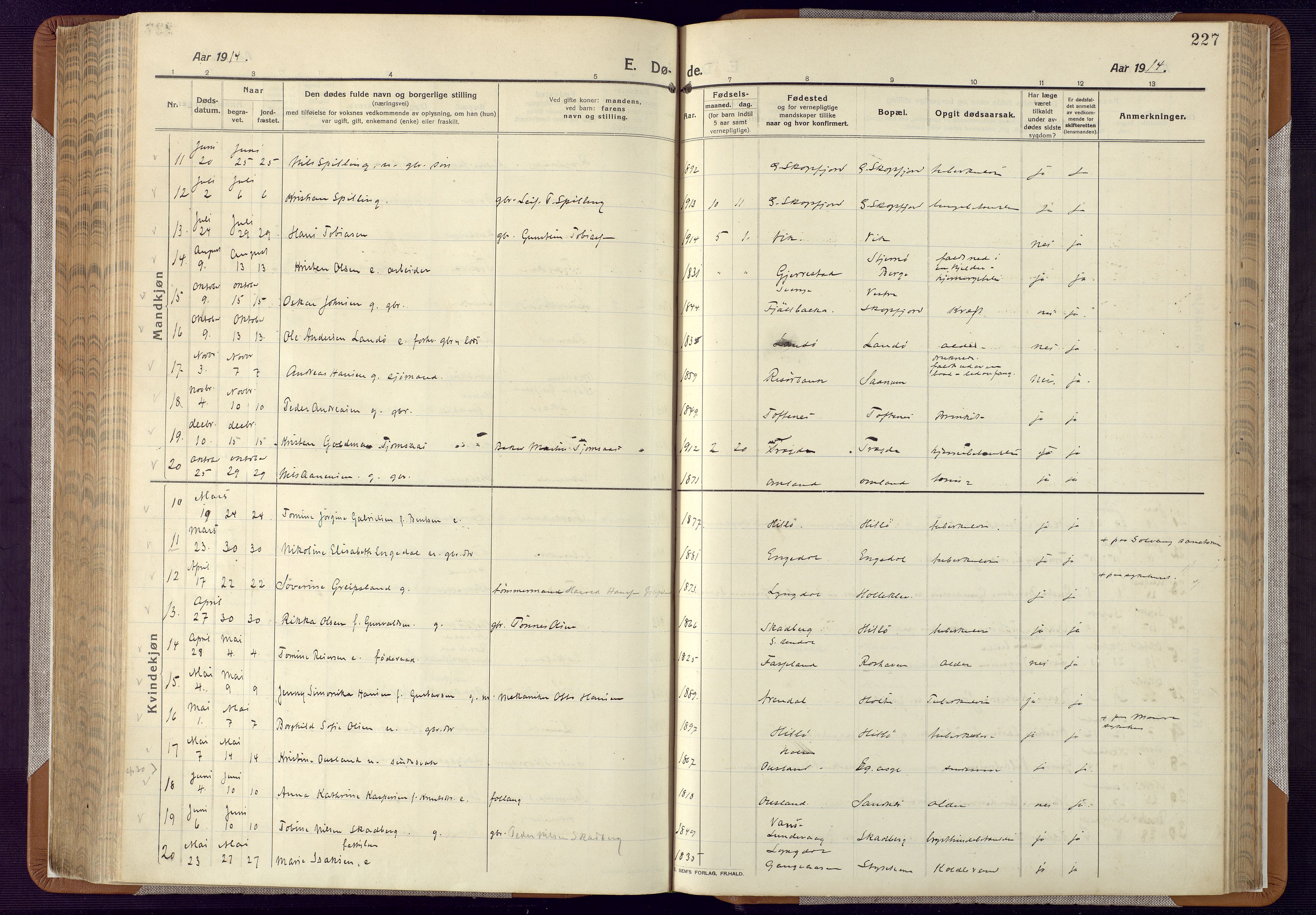 Mandal sokneprestkontor, AV/SAK-1111-0030/F/Fa/Faa/L0022: Parish register (official) no. A 22, 1913-1925, p. 227