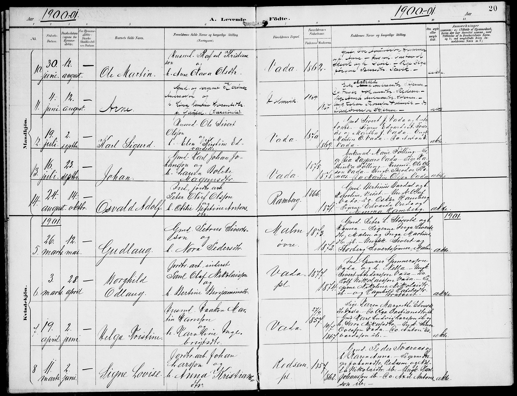 Ministerialprotokoller, klokkerbøker og fødselsregistre - Nord-Trøndelag, SAT/A-1458/745/L0430: Parish register (official) no. 745A02, 1895-1913, p. 20