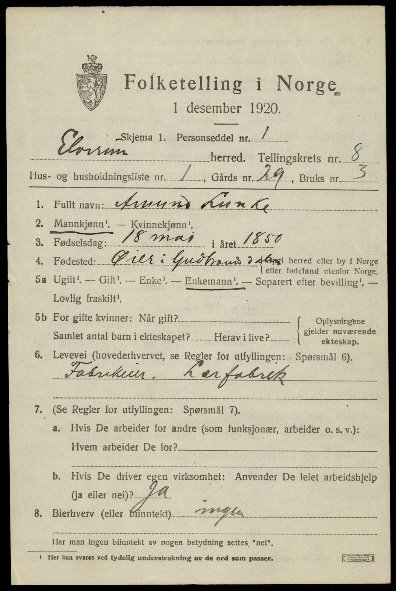 SAH, 1920 census for Elverum, 1920, p. 13098