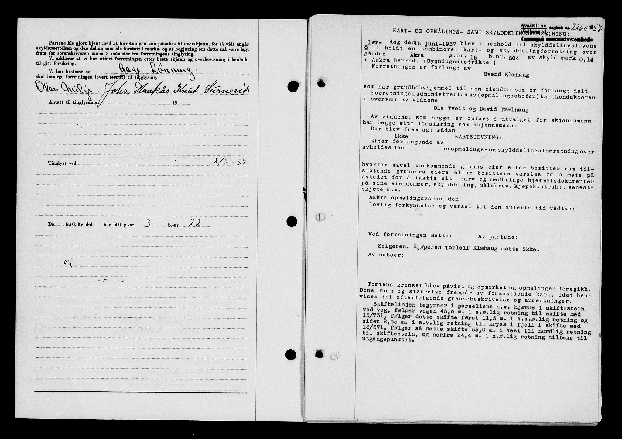 Karmsund sorenskriveri, AV/SAST-A-100311/01/II/IIB/L0125: Mortgage book no. 105A, 1957-1957, Diary no: : 2260/1957