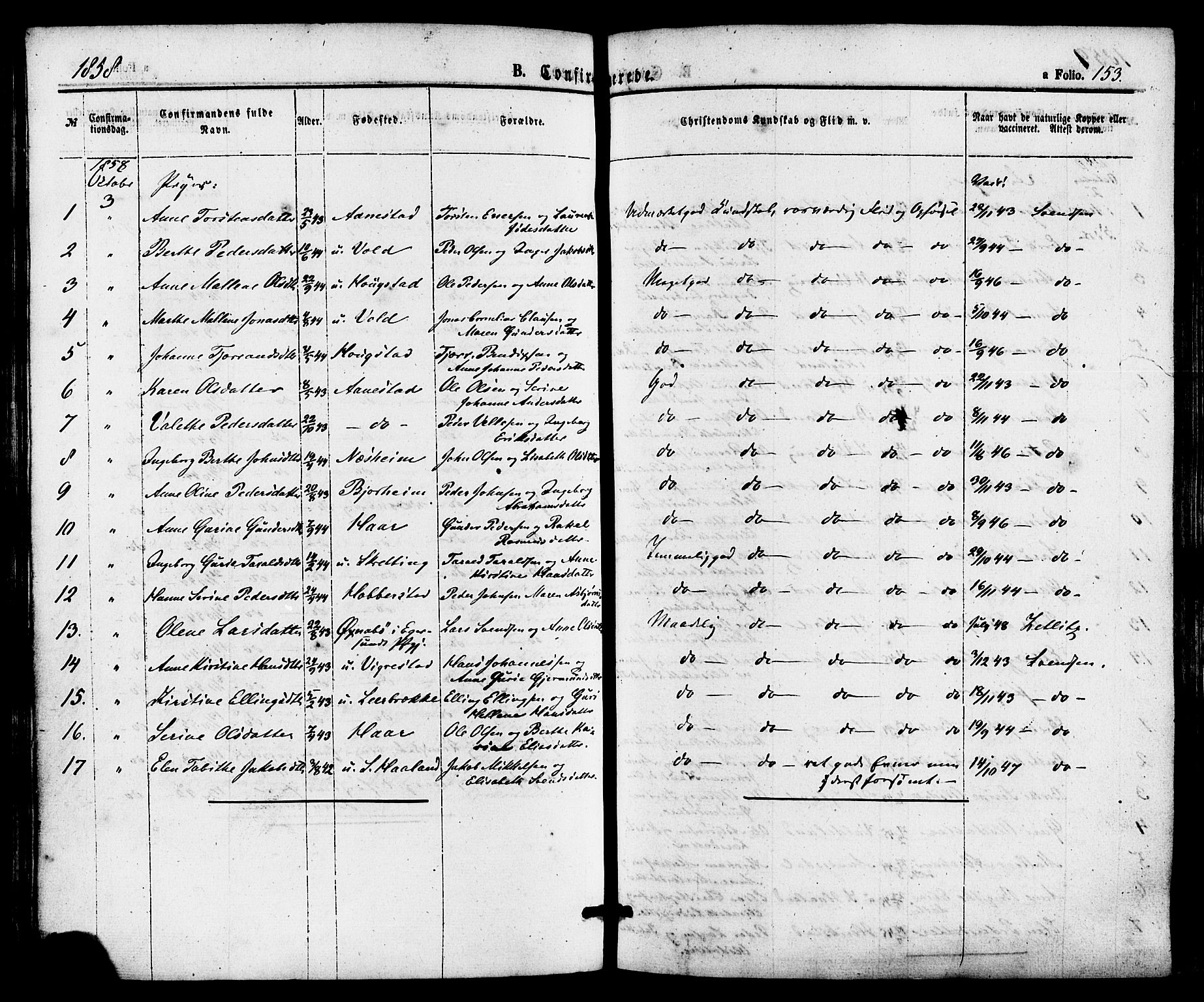 Hå sokneprestkontor, AV/SAST-A-101801/001/30BA/L0009: Parish register (official) no. A 8, 1855-1878, p. 153