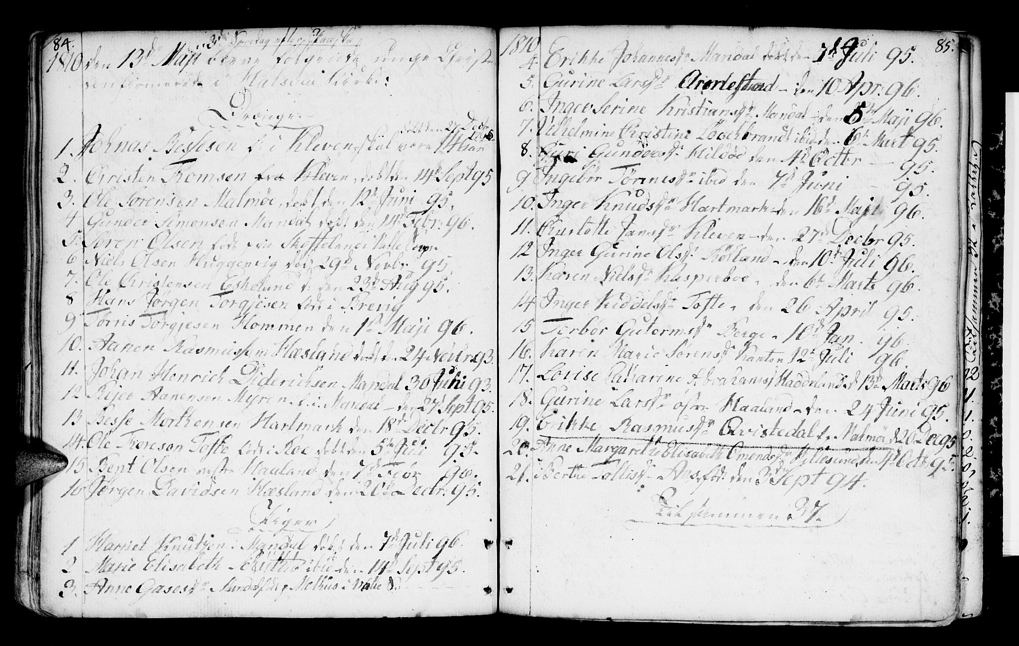 Mandal sokneprestkontor, SAK/1111-0030/F/Fa/Faa/L0004: Parish register (official) no. A 4, 1745-1817, p. 84-85