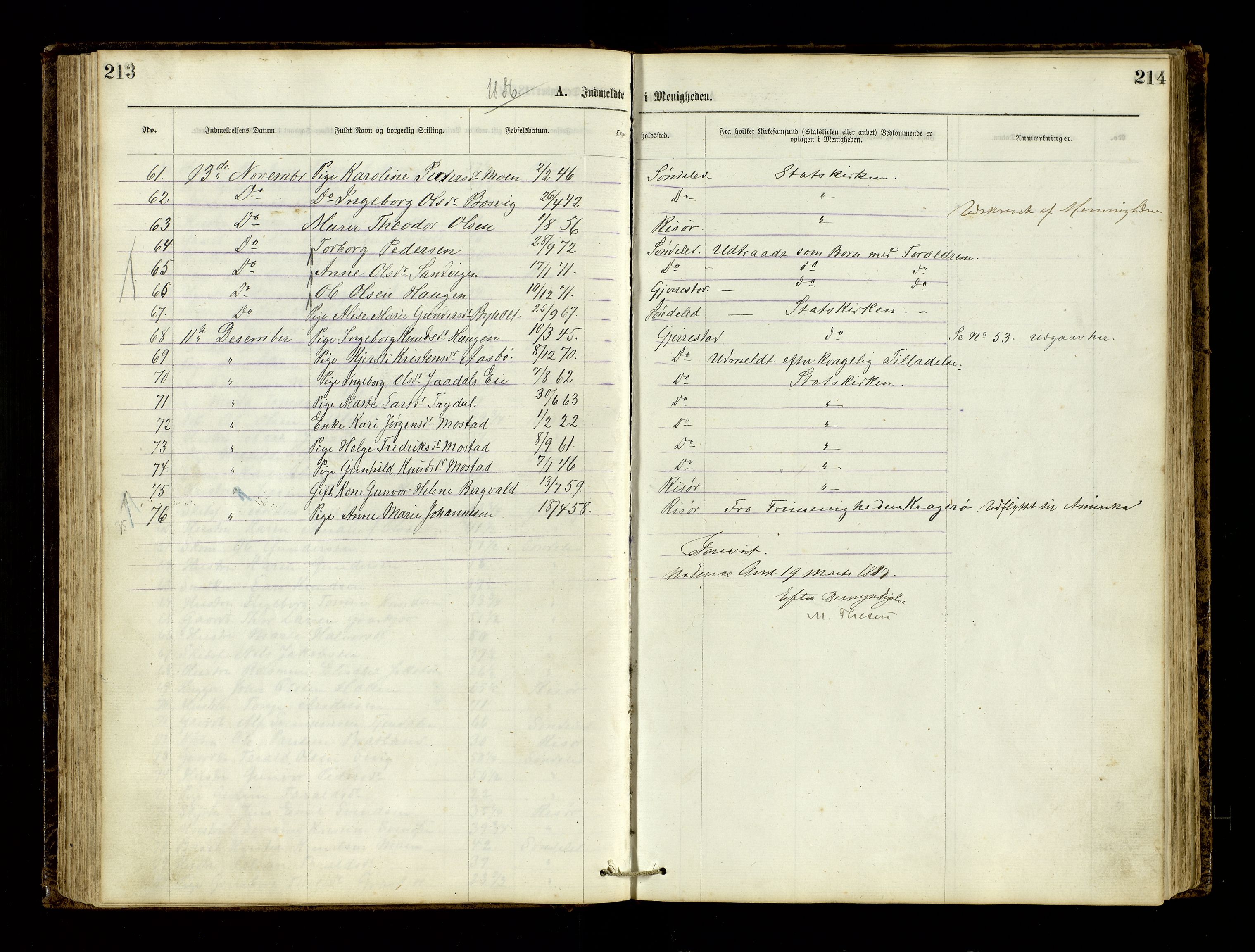 Den evangelisk-lutherske frimenighet, Risør, AV/SAK-1292-0007/F/Fa/L0001: Dissenter register no. F 17, 1877-1892, p. 213-214