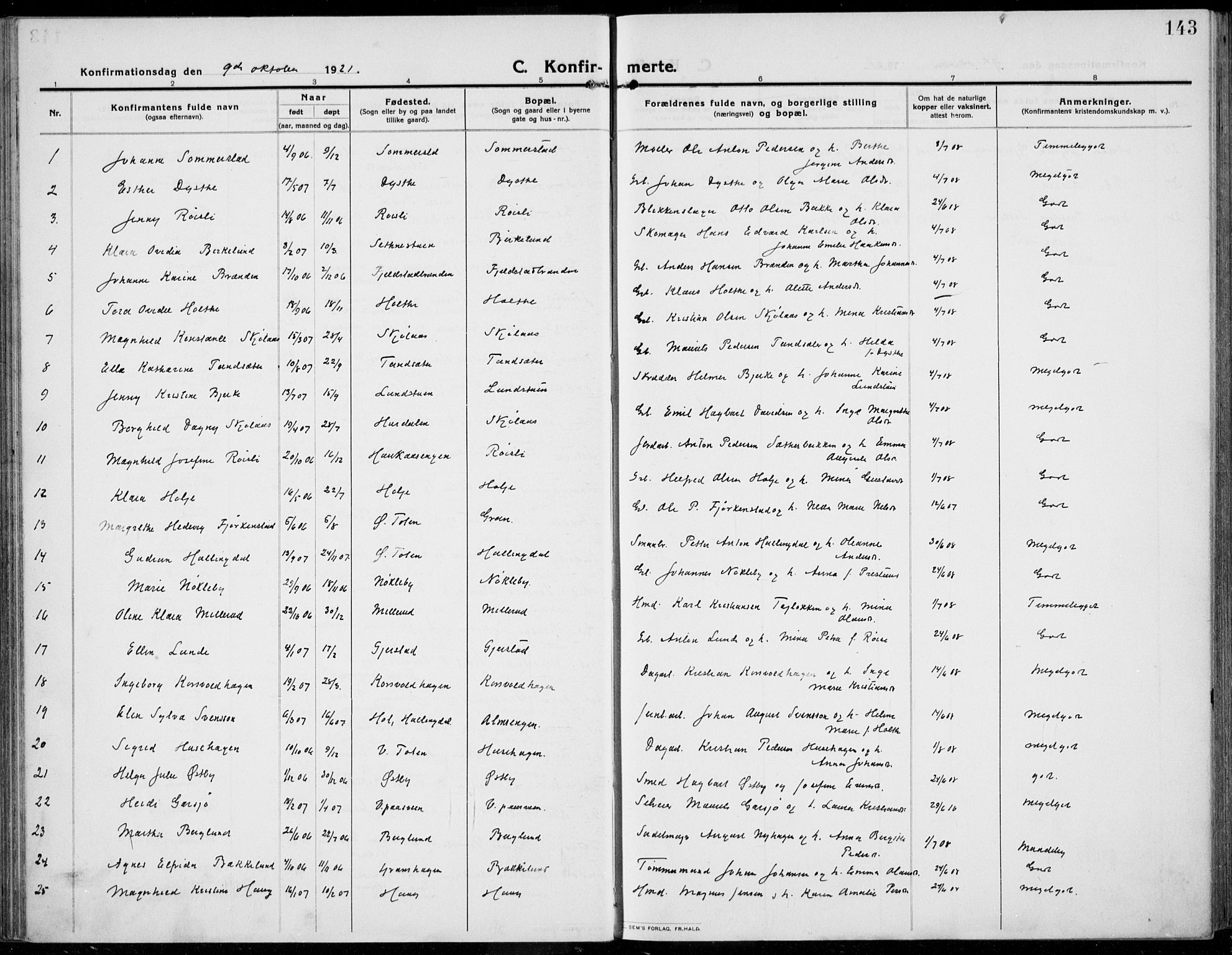 Kolbu prestekontor, SAH/PREST-110/H/Ha/Haa/L0002: Parish register (official) no. 2, 1912-1926, p. 143