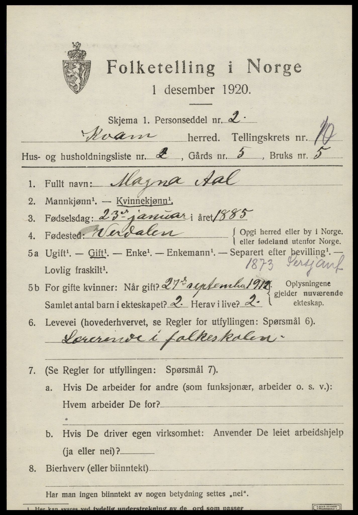 SAT, 1920 census for Kvam, 1920, p. 2523