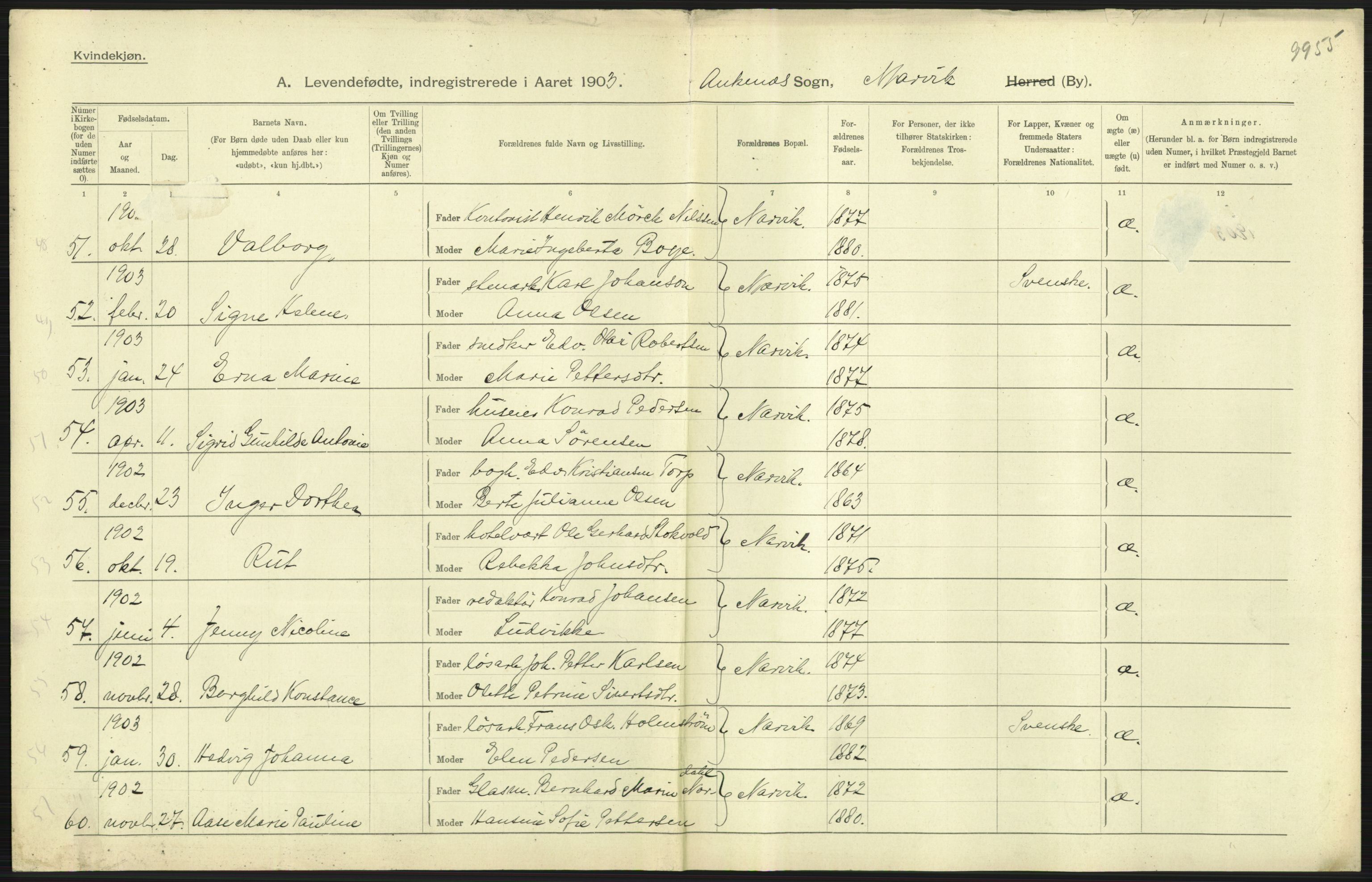 Statistisk sentralbyrå, Sosiodemografiske emner, Befolkning, AV/RA-S-2228/D/Df/Dfa/Dfaa/L0019: Nordlands amt: Fødte, gifte, døde., 1903, p. 37