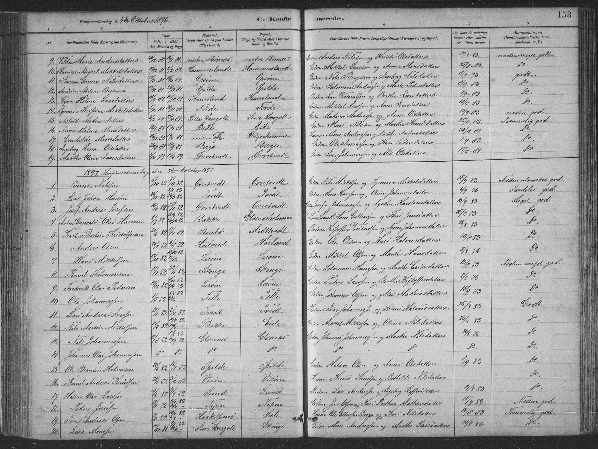 Sund sokneprestembete, AV/SAB-A-99930: Parish register (copy) no. B 3, 1882-1911, p. 153