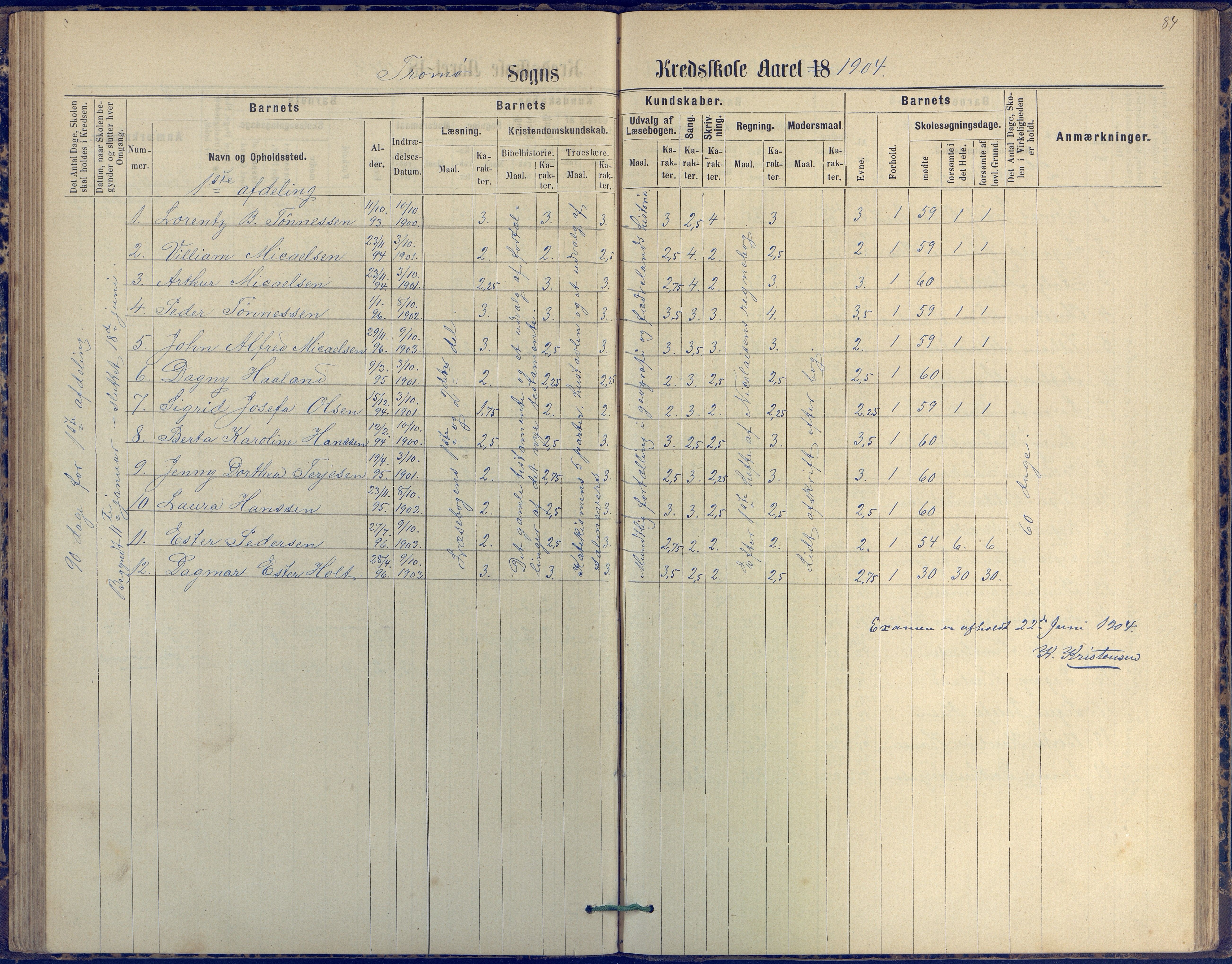 Tromøy kommune frem til 1971, AAKS/KA0921-PK/04/L0042: Merdø - Karakterprotokoll (også Nes skole, Stokken, til 1891), 1875-1910, p. 84