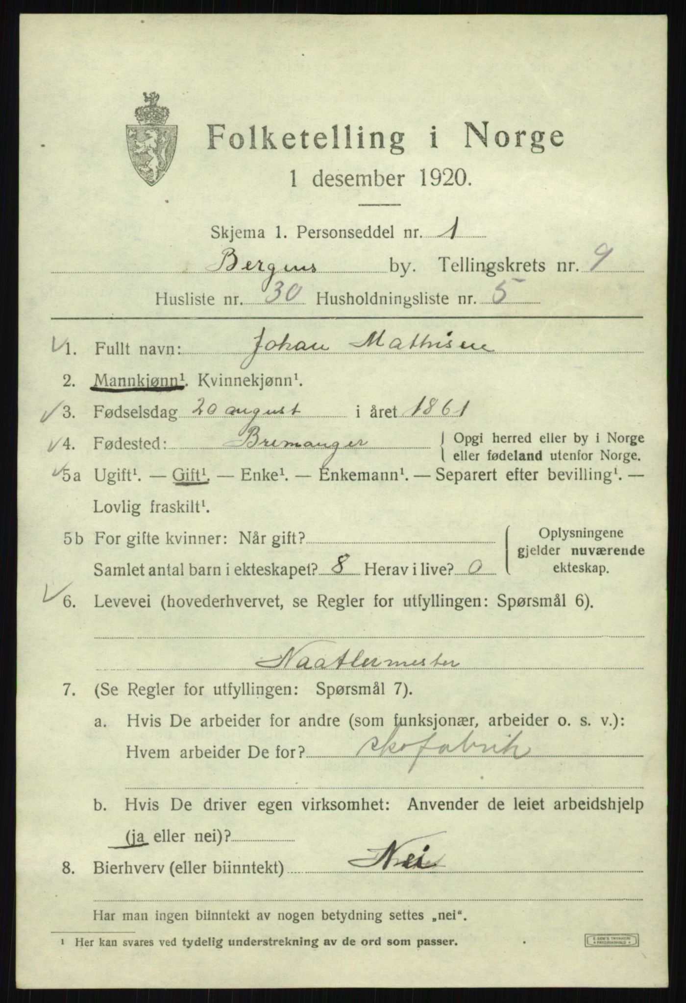 SAB, 1920 census for Bergen, 1920, p. 71323
