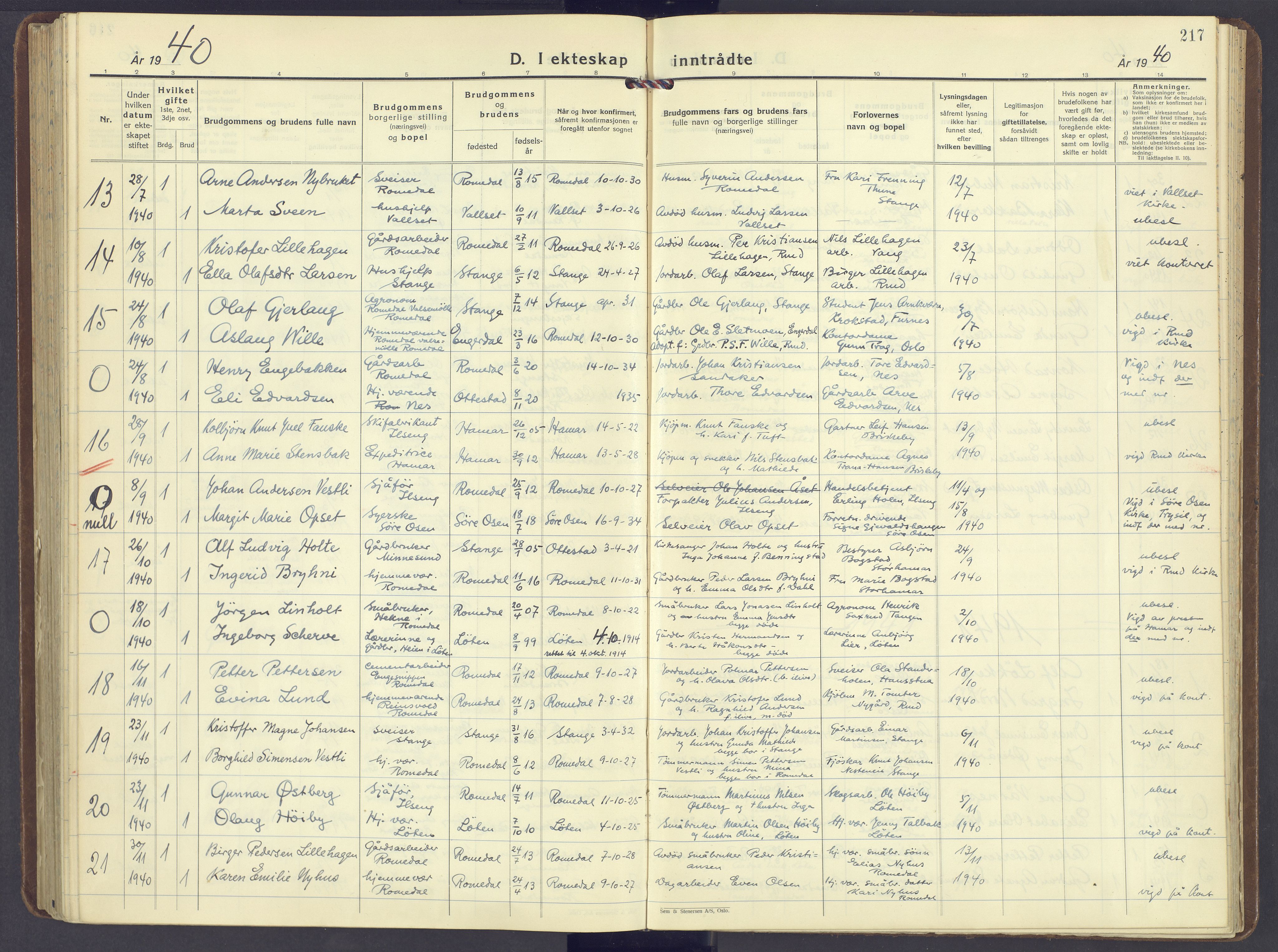 Romedal prestekontor, SAH/PREST-004/K/L0014: Parish register (official) no. 14, 1936-1949, p. 217