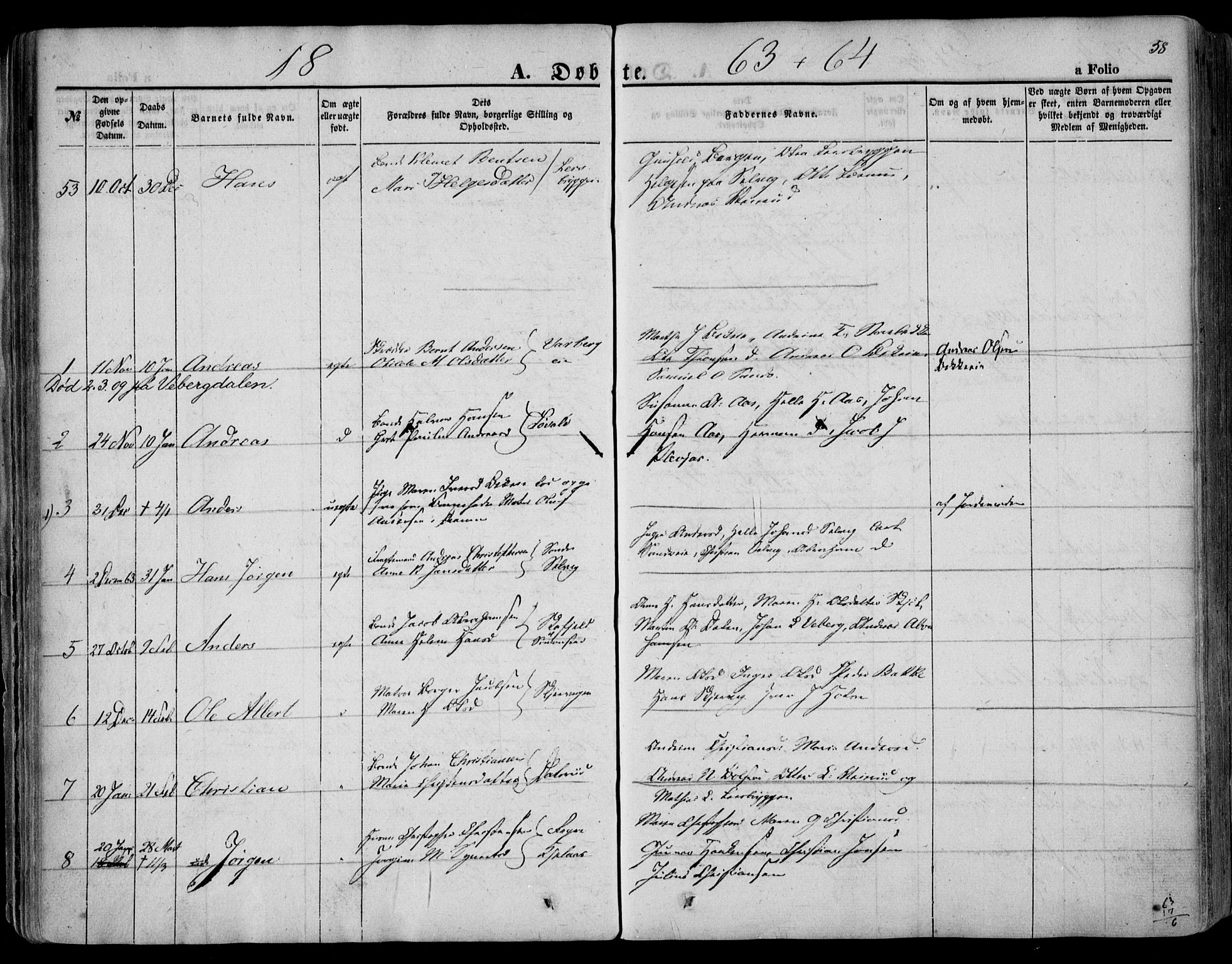 Sande Kirkebøker, AV/SAKO-A-53/F/Fa/L0004: Parish register (official) no. 4, 1847-1864, p. 58