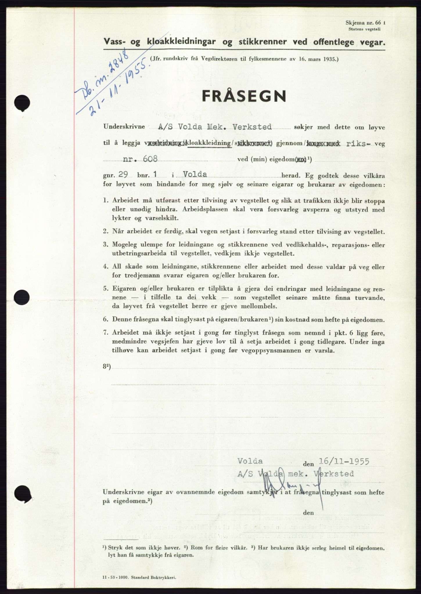 Søre Sunnmøre sorenskriveri, AV/SAT-A-4122/1/2/2C/L0102: Mortgage book no. 28A, 1955-1956, Diary no: : 2848/1955