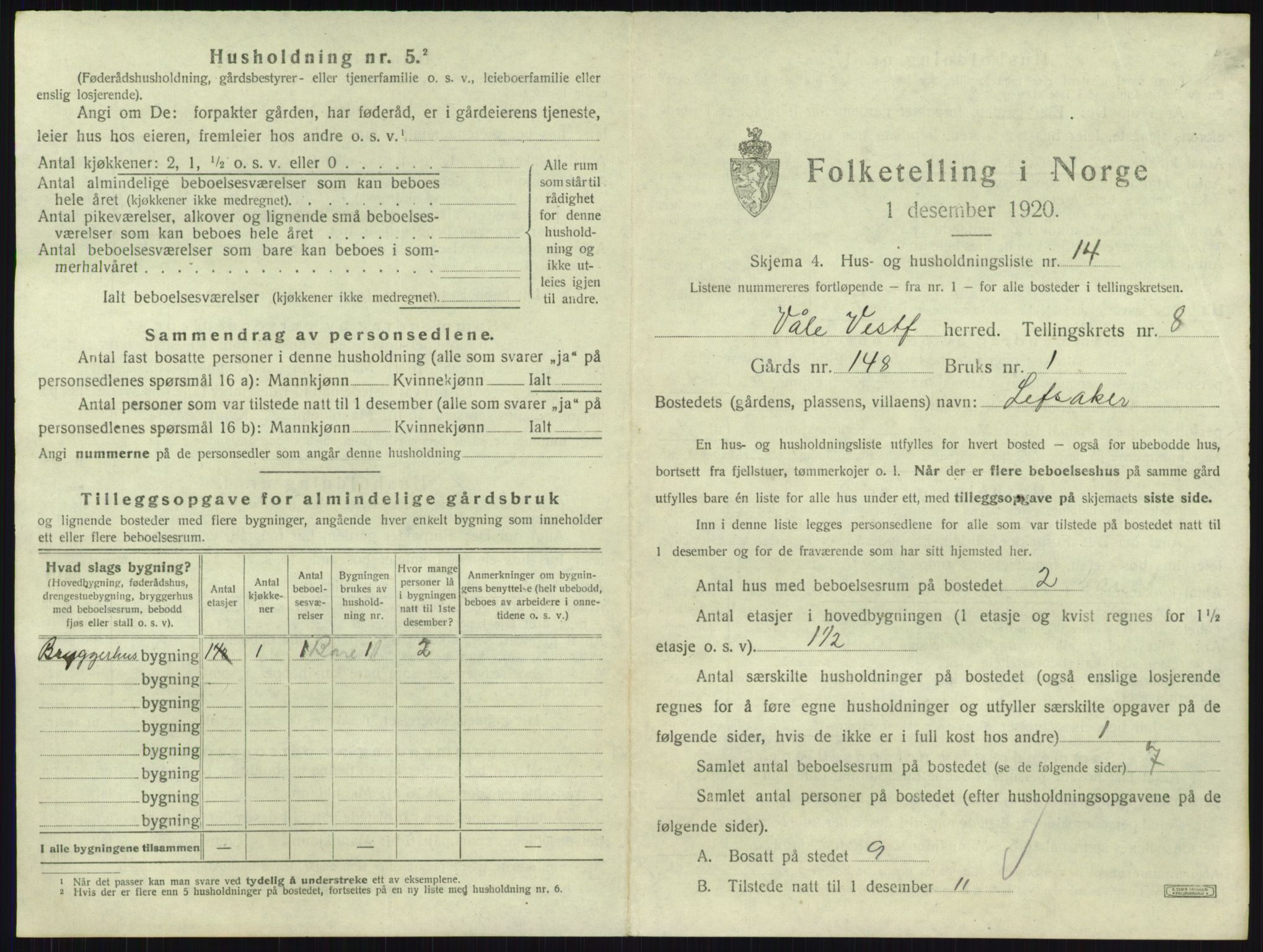SAKO, 1920 census for Våle, 1920, p. 1000