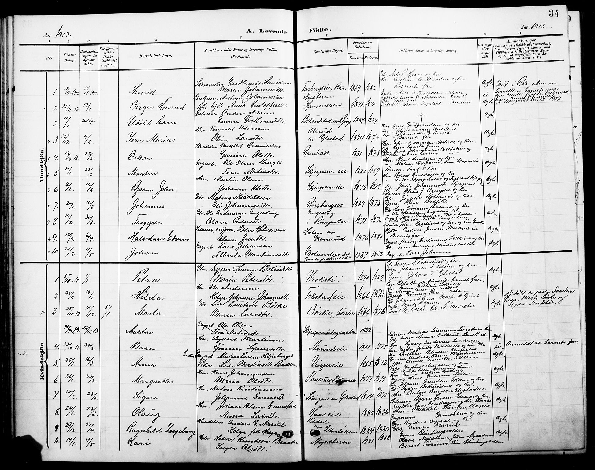 Ringsaker prestekontor, SAH/PREST-014/L/La/L0017: Parish register (copy) no. 17, 1905-1920, p. 34