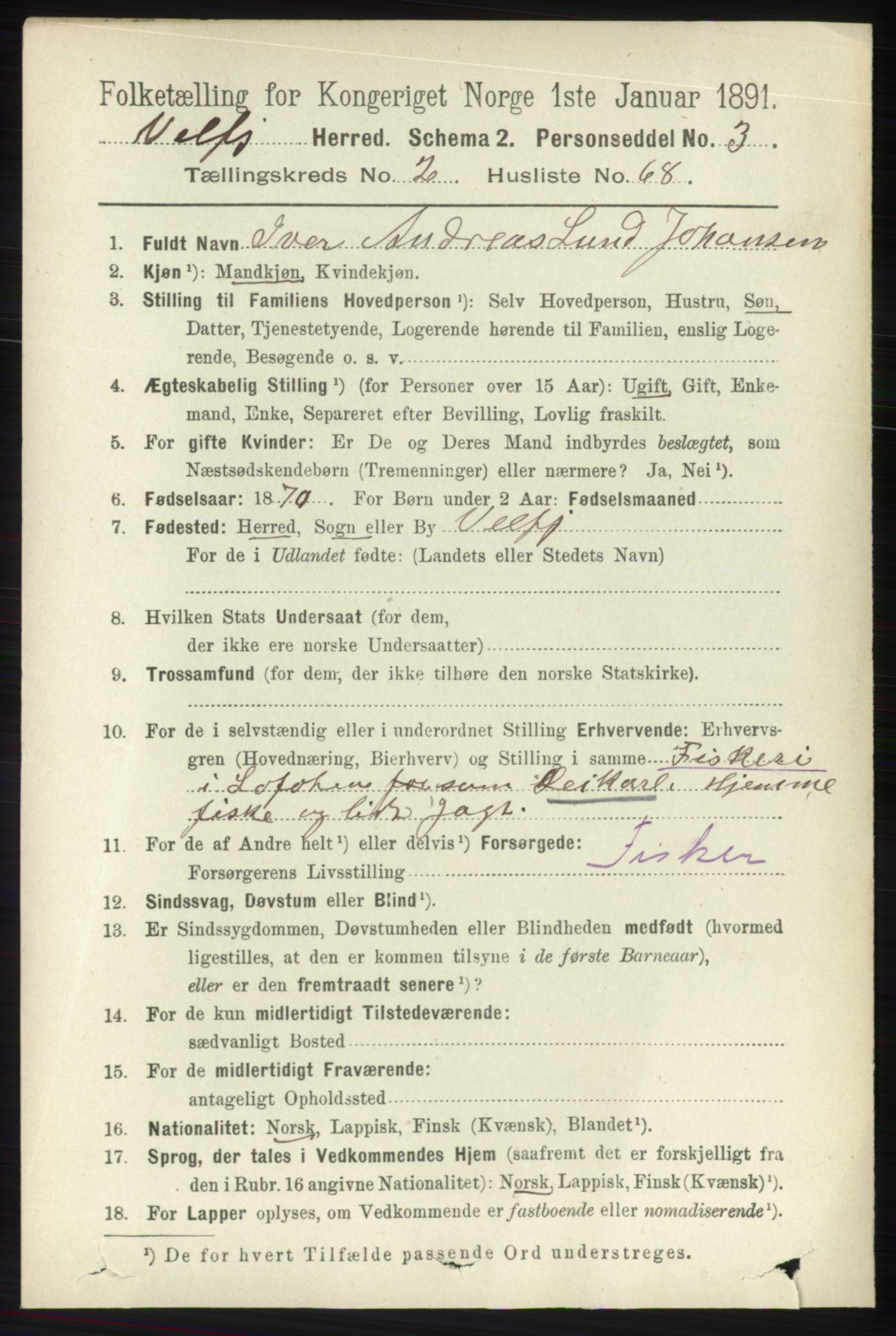 RA, 1891 census for 1813 Velfjord, 1891, p. 938