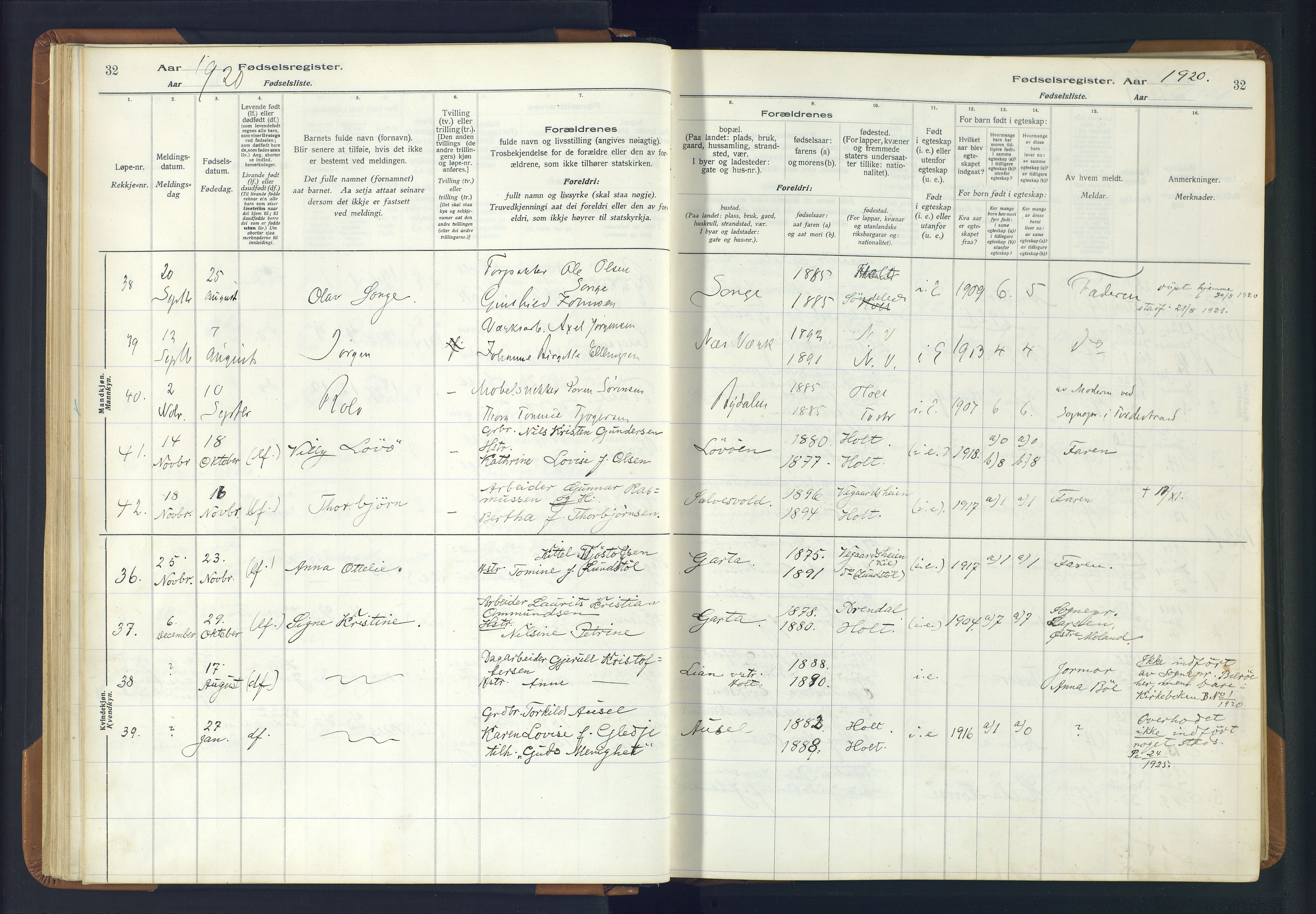 Holt sokneprestkontor, AV/SAK-1111-0021/J/Ja/L0001: Birth register no. II.4.1, 1916-1946, p. 32