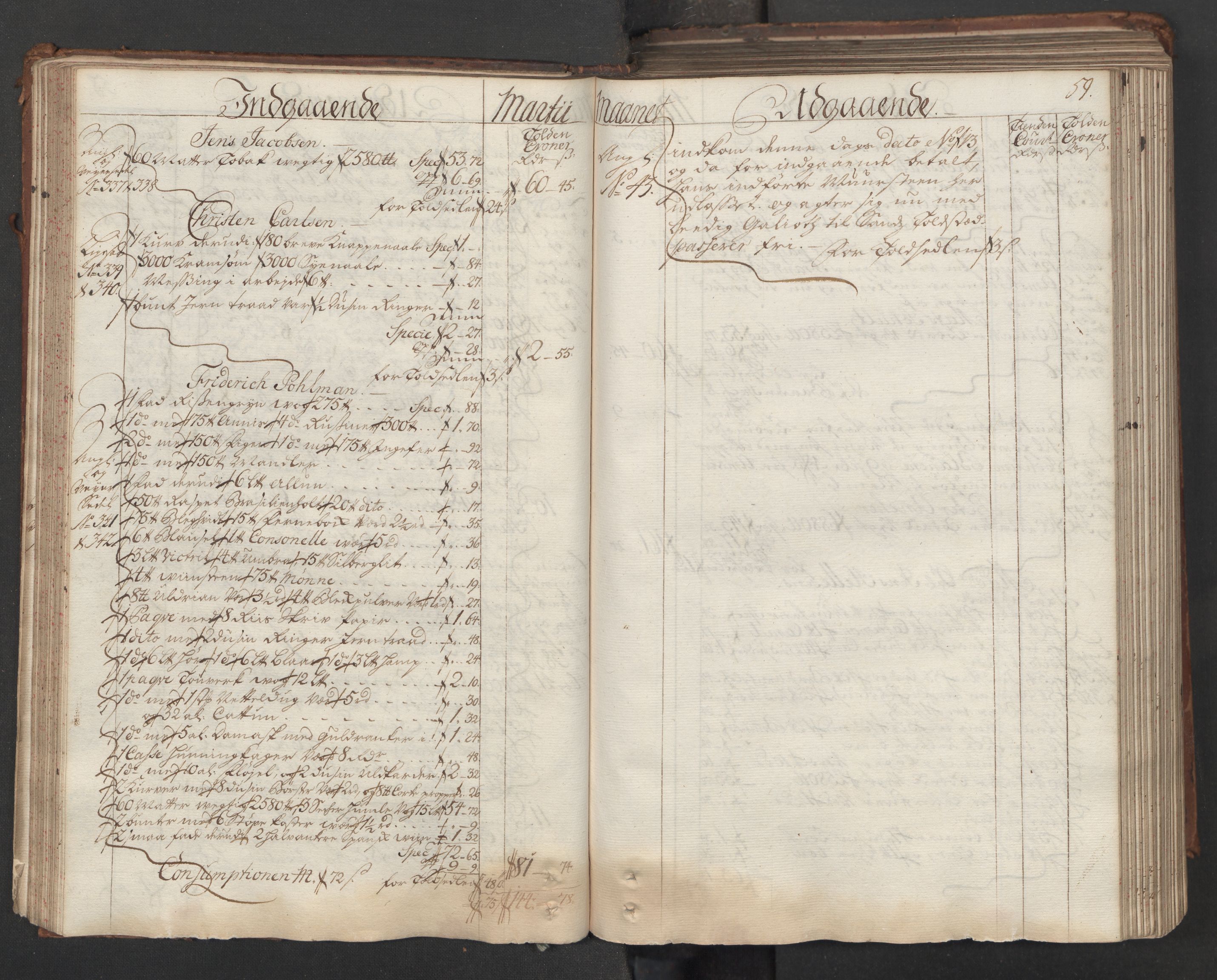 Generaltollkammeret, tollregnskaper, AV/RA-EA-5490/R06/L0015/0001: Tollregnskaper Kristiania / Hovedtollbok, 1733, p. 58b-59a