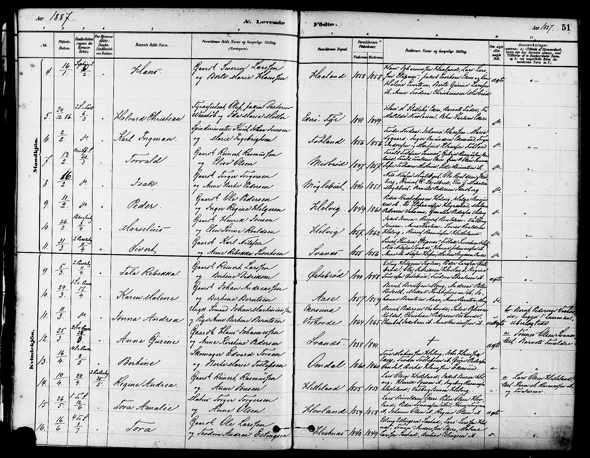 Eigersund sokneprestkontor, AV/SAST-A-101807/S08/L0017: Parish register (official) no. A 14, 1879-1892, p. 51